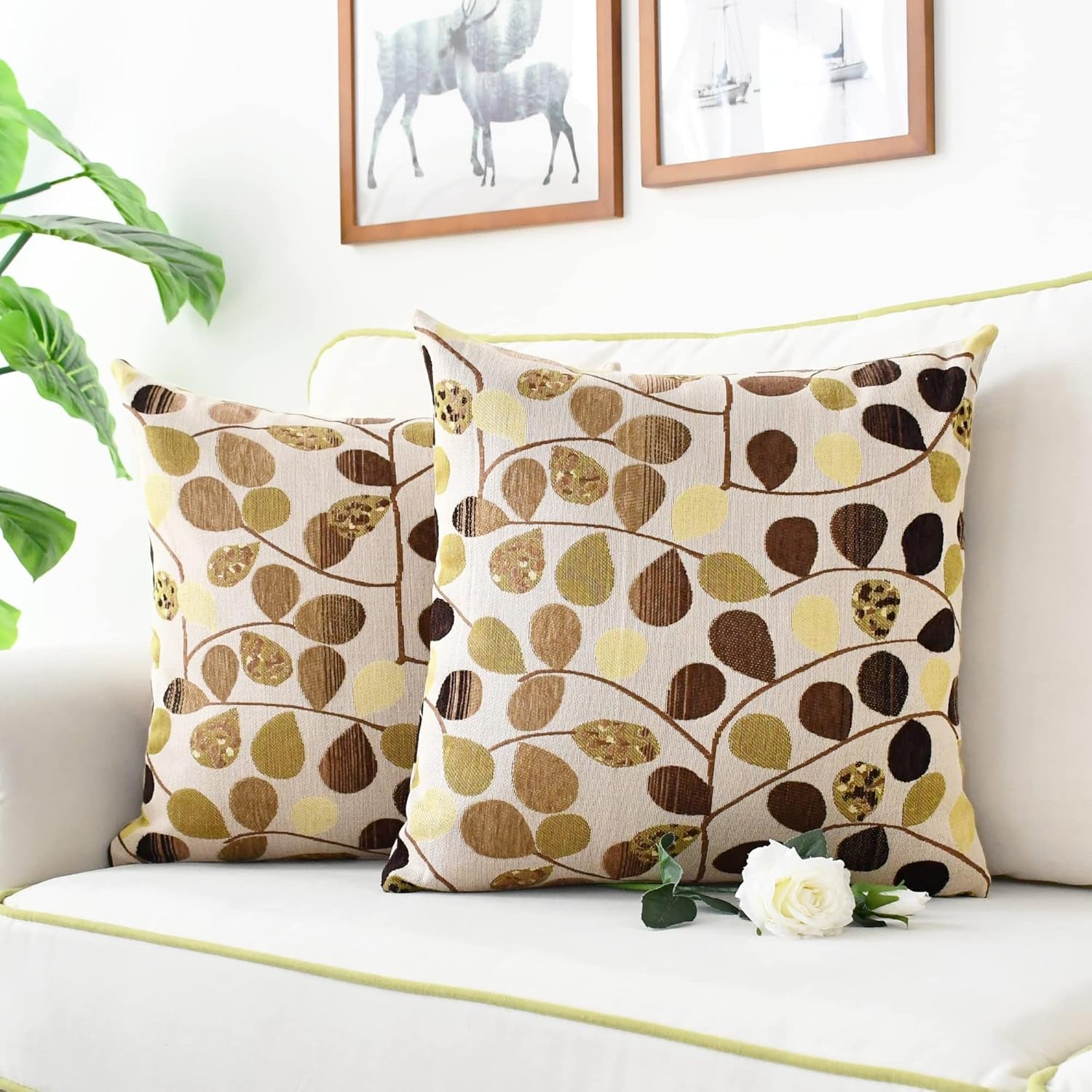 Throw Pillow Covers Luxury Chenille Cute Leaves 20 X 20 Inches Ecru Brown