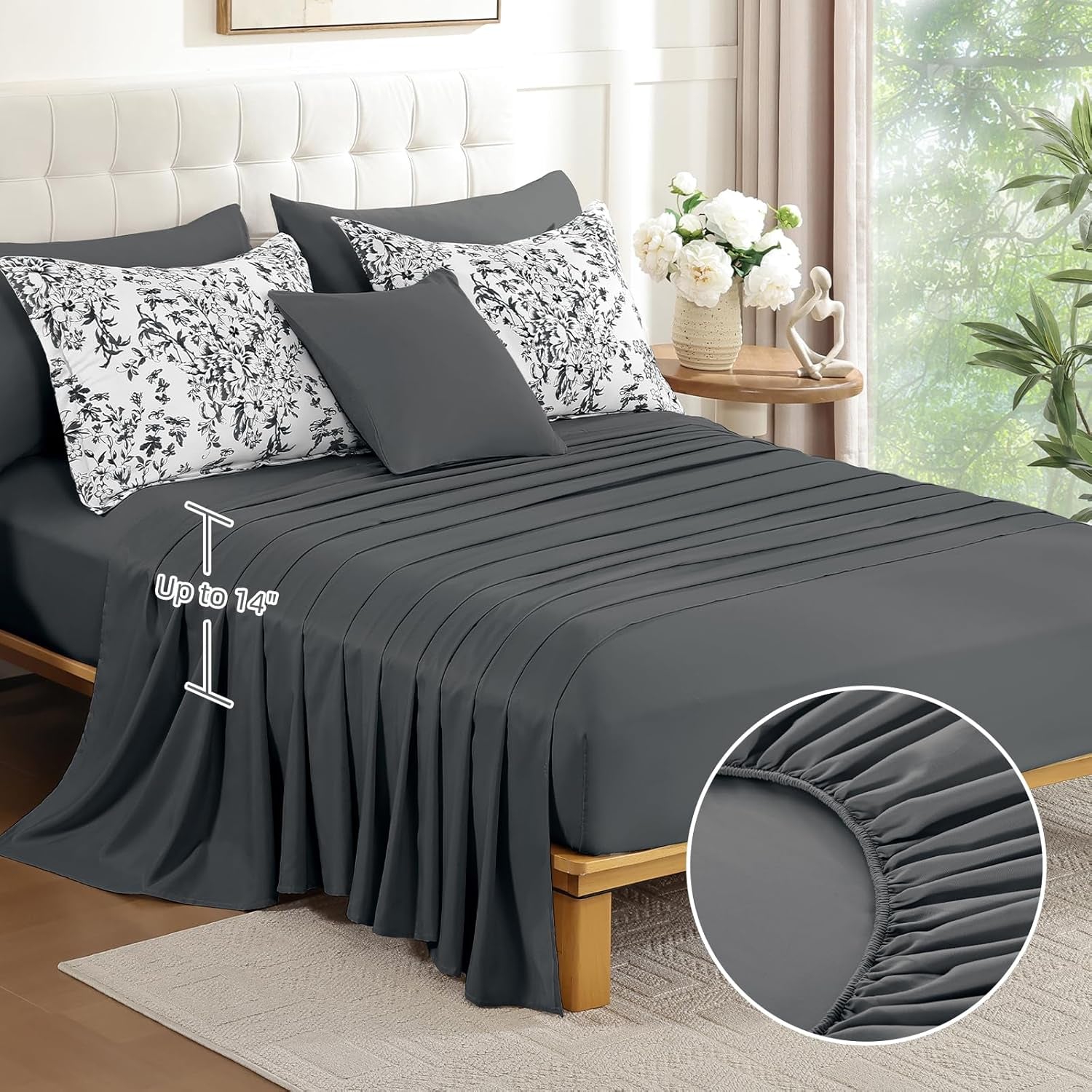 Comforter Set Queen, 8 Pieces Black Gray Floral Botanical Plants Print Comforter, for All Season (90"X90")