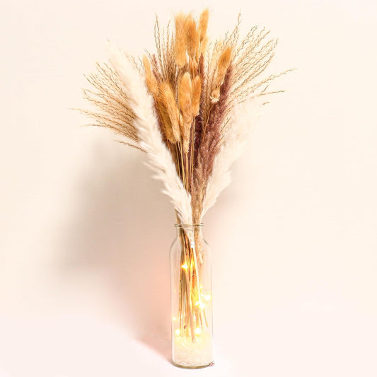 60PCS of Boho Pampas Grass in Glass Vase with LED Lights & Faux Crystals, Naturally Dried Pompas, Bunny Tails
