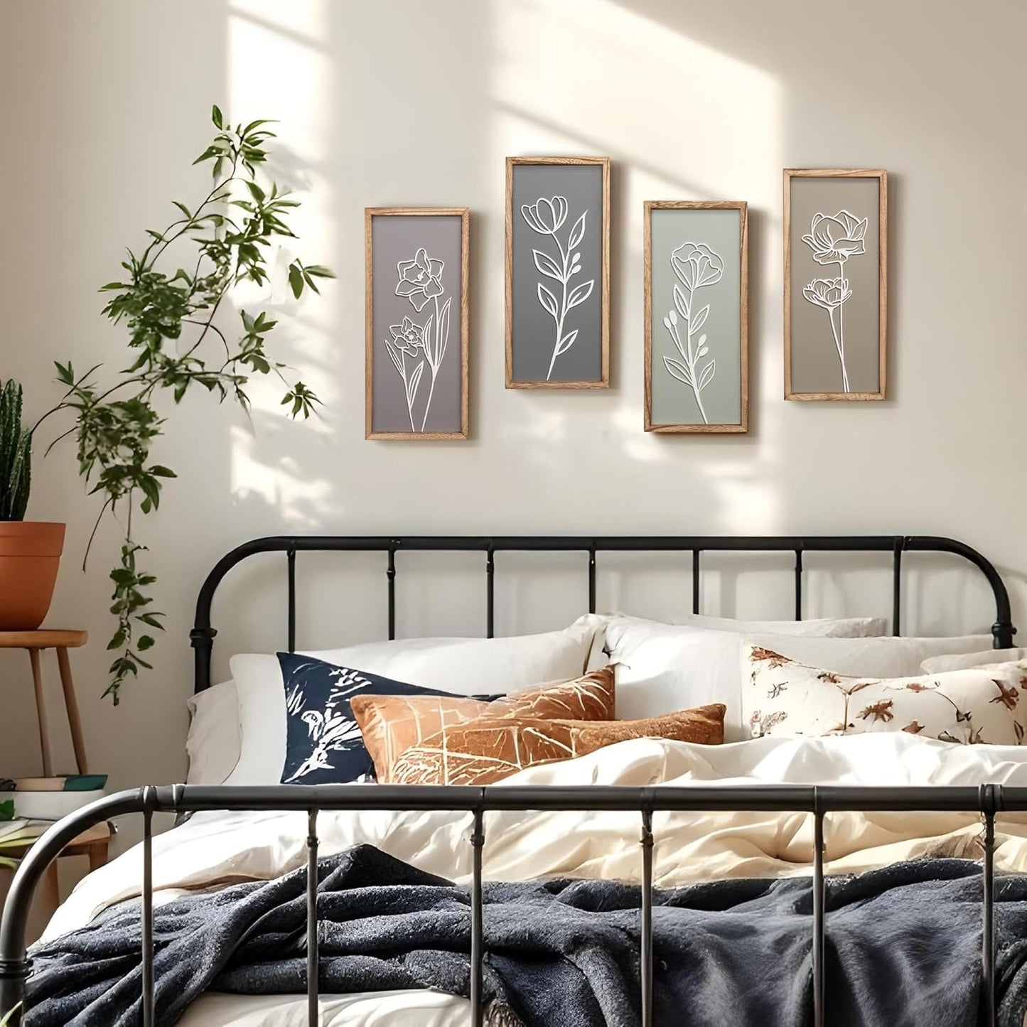 3D Wooden Floral Bathroom Wall Decor (Set of 4) Lightweight, Ready-To-Hang Framed Wall Art for Bedroom - Premium Boho Botanical Farmhouse Decorations