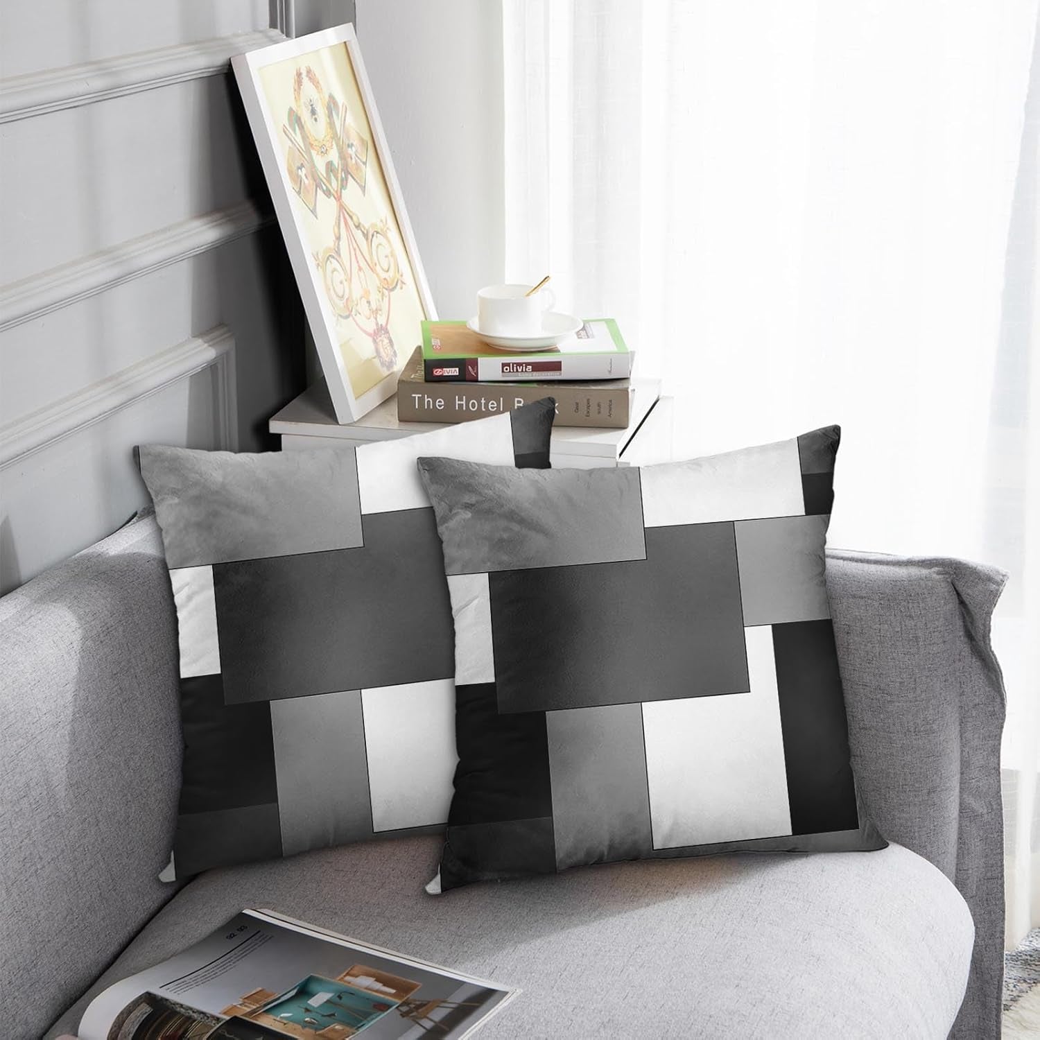 Throw Pillow Covers Set of 2, 18 X 18 Inch, Black Gray White