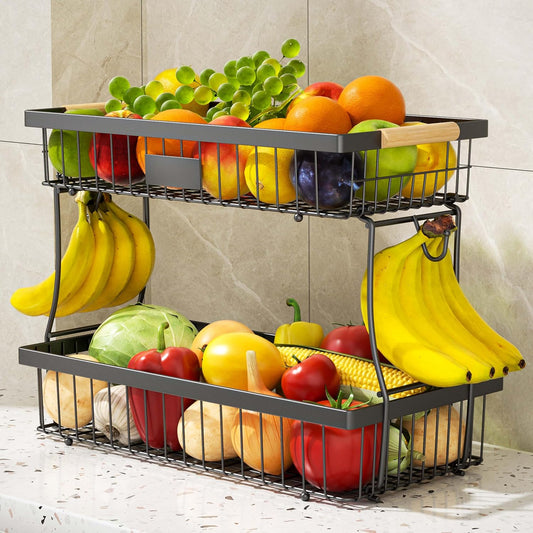 2 Tier Fruit Basket for Kitchen Counter, Wire Tiered Fruit Stand with Hangers & Handles, Black