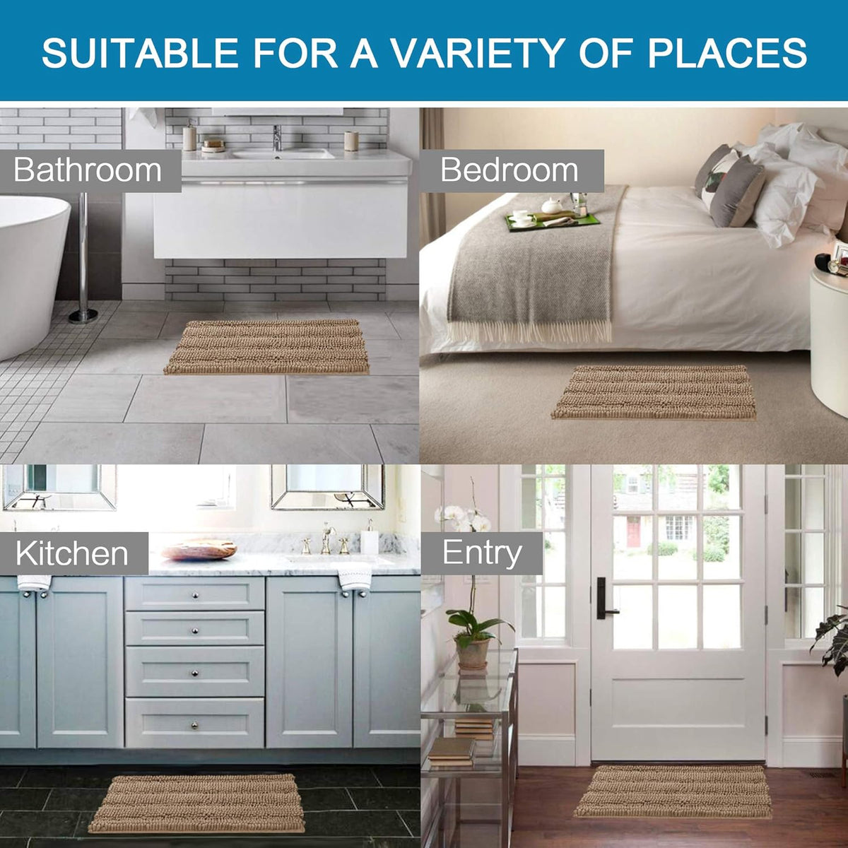 Chenille Bathroom Rugs Sets, 2 Piece Extra Soft and Absorbent Striped Floor Rugs, Taupe Brown