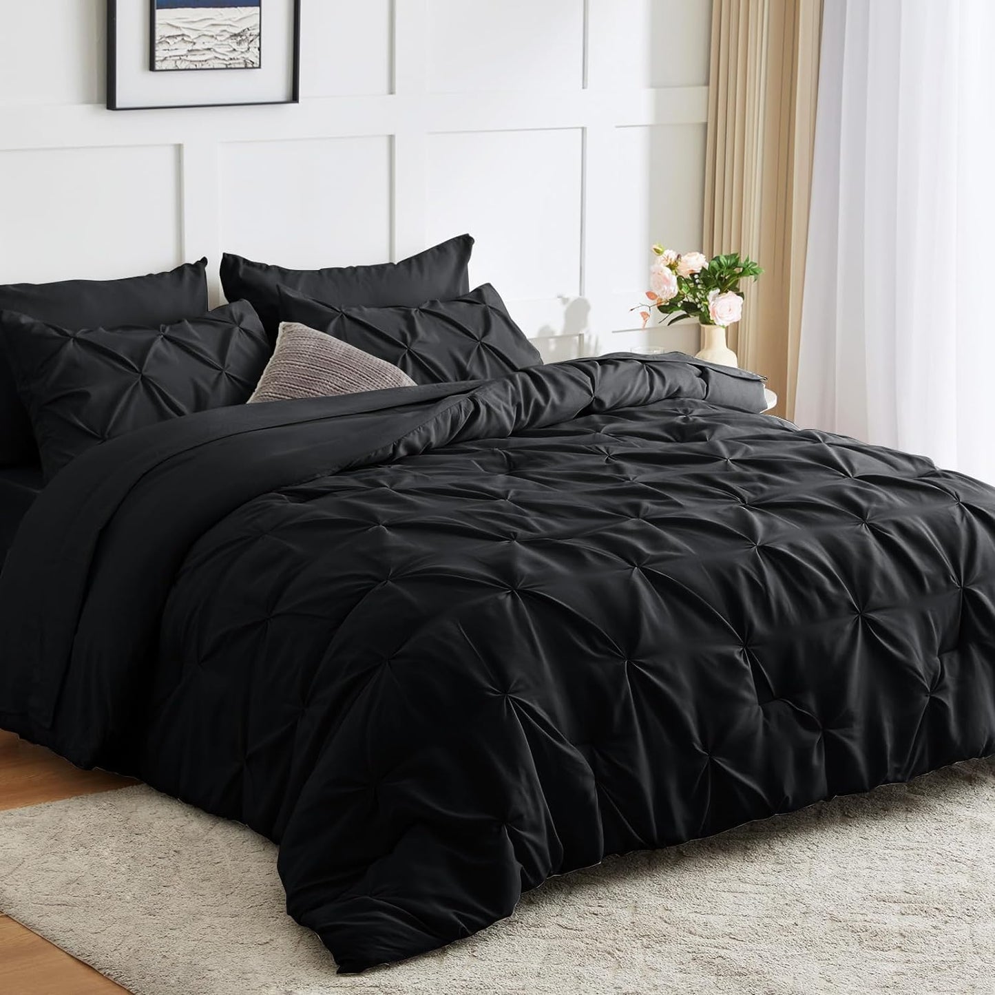 King Size Comforter Set - 7 Pcs Black, All-Season Comforter