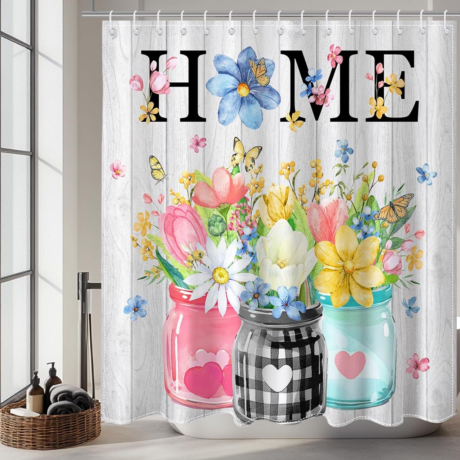 Spring Floral Shower Curtain for Bathroom, Pink Yellow Blue Butterfly and Flowers 72 X 72 Inch Waterproof Fabric Bath Curtain with Hooks (White, 72''X 72'')
