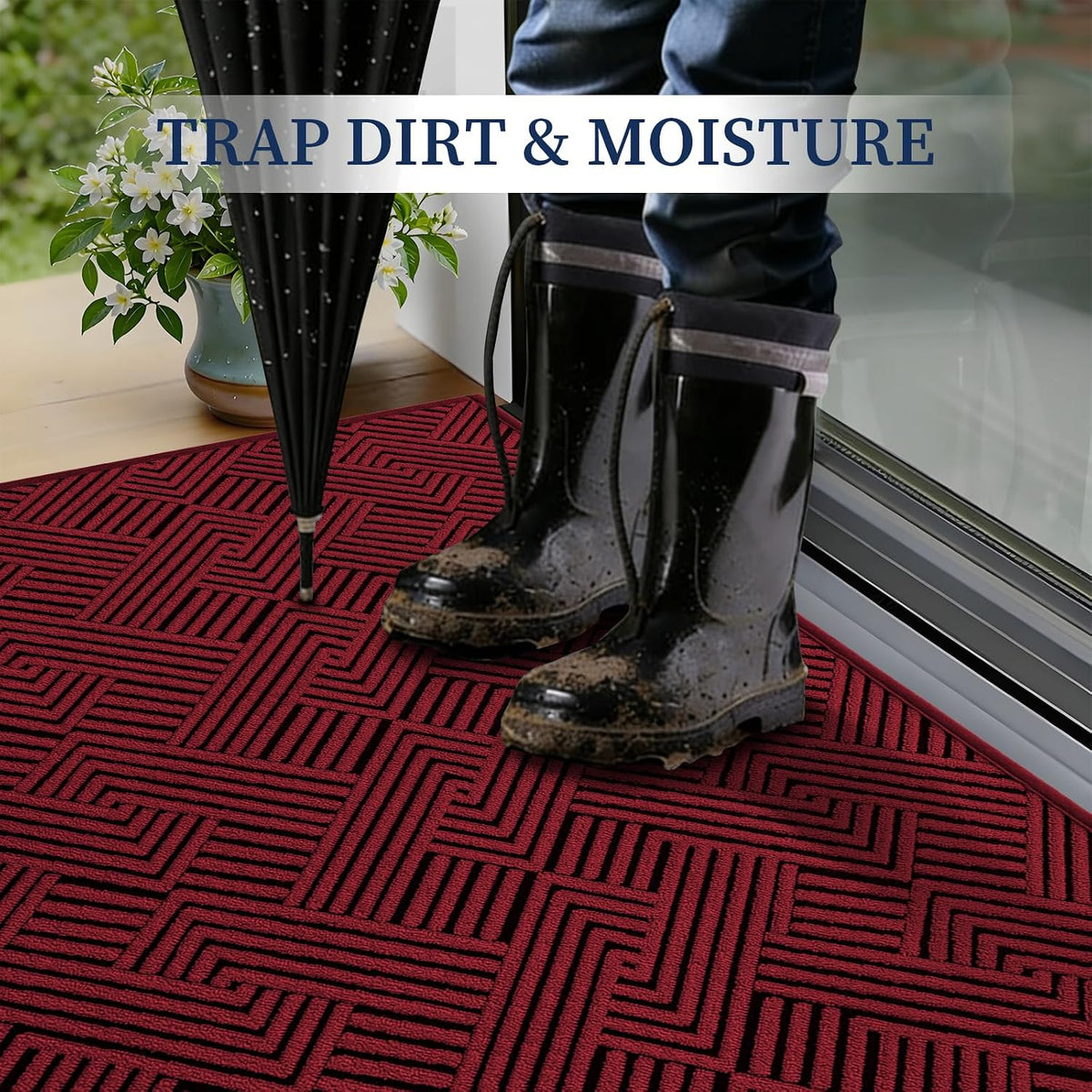 Dirt Trapper Door Mat 20" X 32", Non-Slip Washable Entrance Mat, Dirt Resistant and Absorbent Welcome Mat, Low Profile Floor Mat for Front/Back Door, Entryway, Red