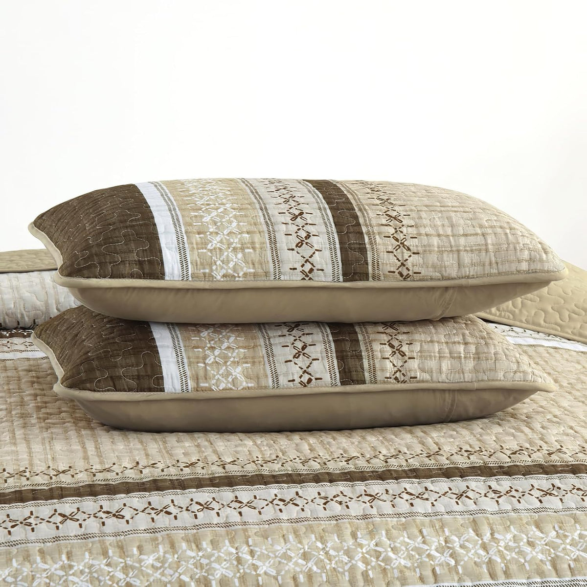 Brown California King Quilt Set,Striped Texture Bedspread 3 Pcs