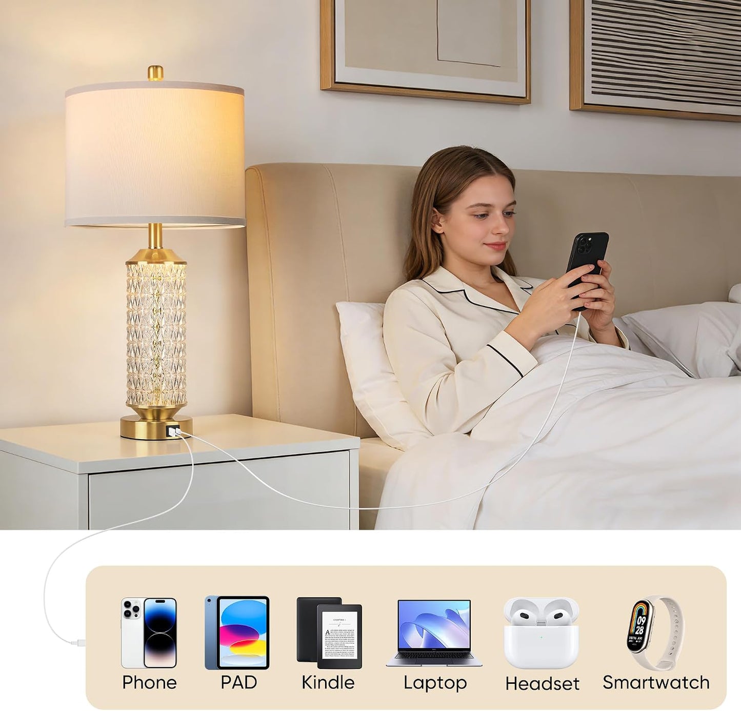 Glass Table Lamps Set of 2, Modern Gold Lamps, Two 2700K LED Bulbs, High-Transparency Glass Body