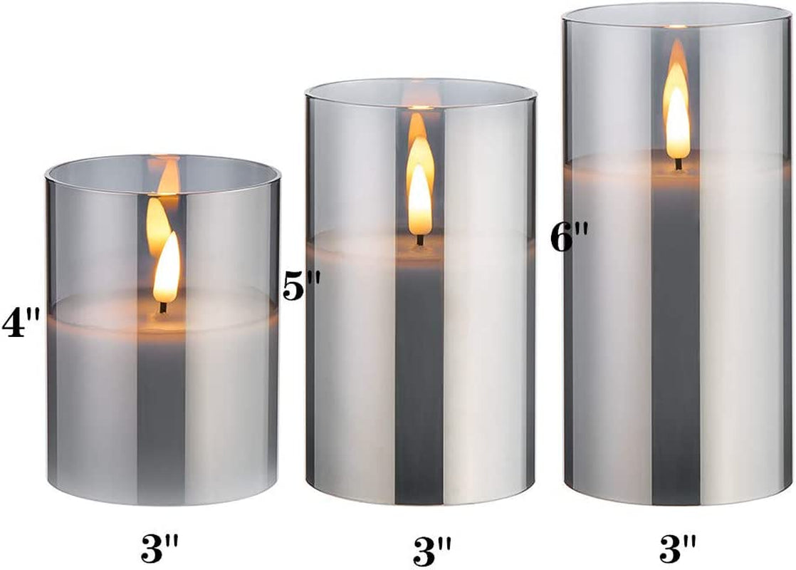 Silver Grey Glass Flameless Candles with Remote, Battery Operated Flickering LED Pillar Candles Set of 3