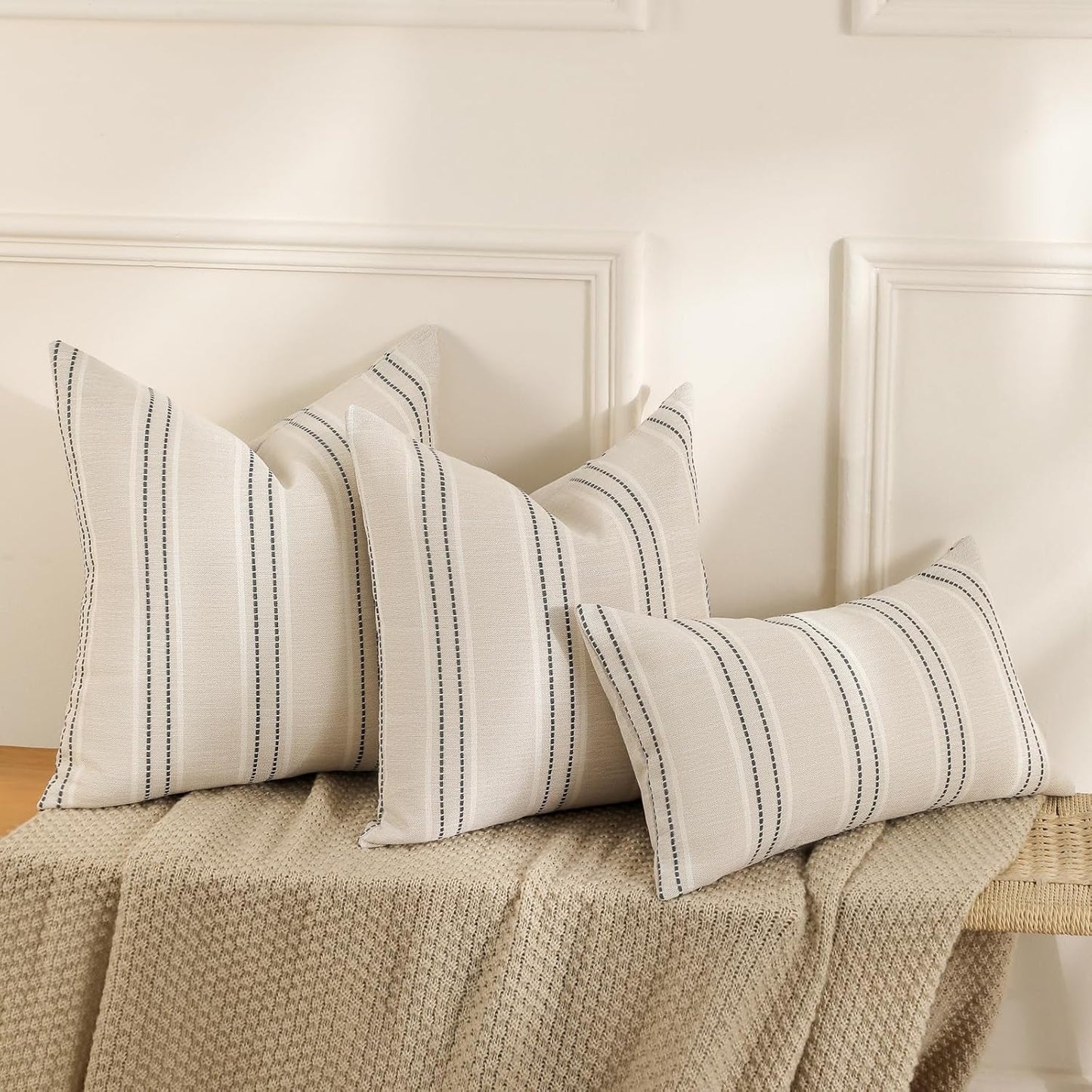 Hand Made Throw Pillow Covers 12X20 Set of 2 Striped Pillow Covers Textured Linen, Grey
