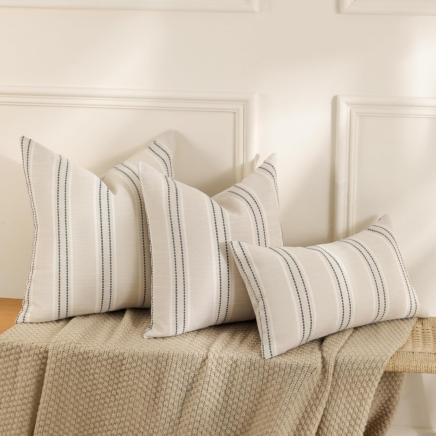 Hand Made Throw Pillow Covers 12X20 Set of 2 Striped Pillow Covers Textured Linen, Grey