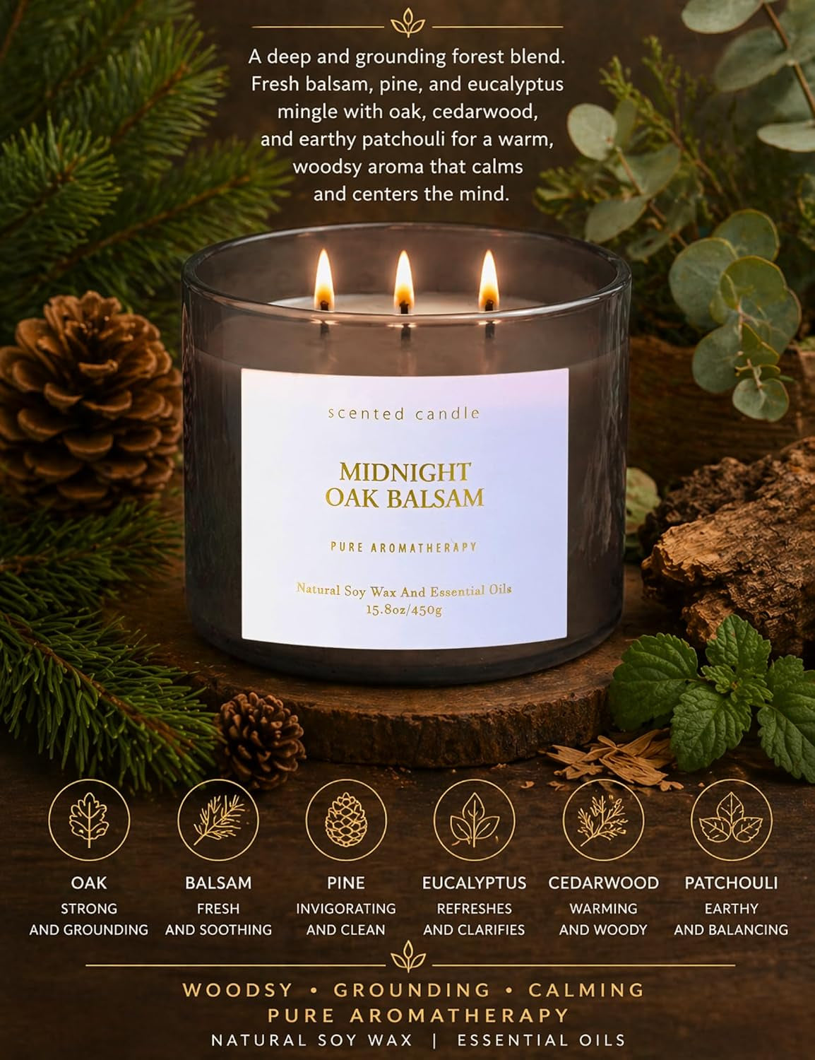 Midnight Oak Balsam 3-Wick Scented Candle, Large Woodsy Soy Candle 15.8 Oz
