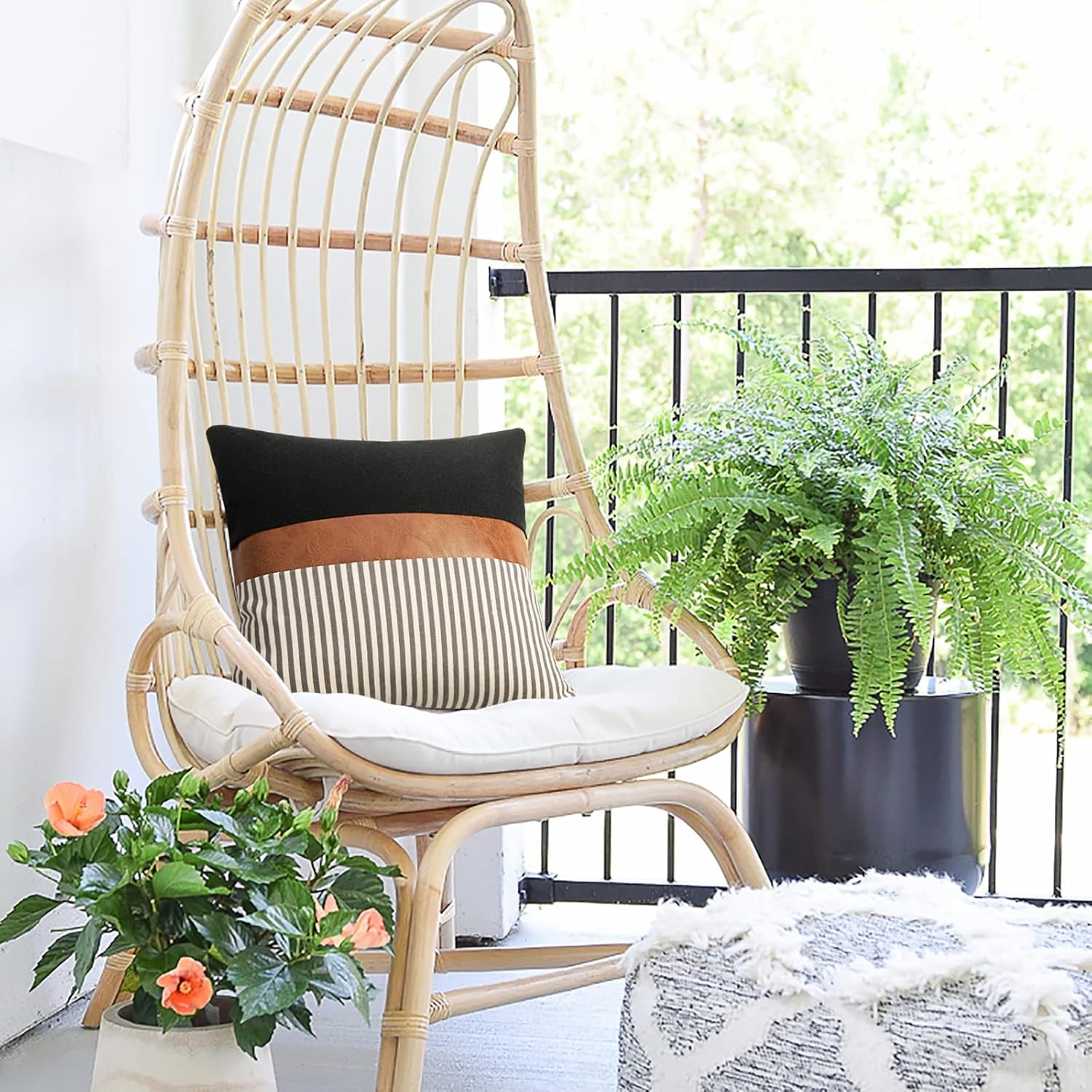 20X20 Pillow Covers Set of 2 Farmhouse Decor Stripe Patchwork Linen Modern Faux Leather, Gray