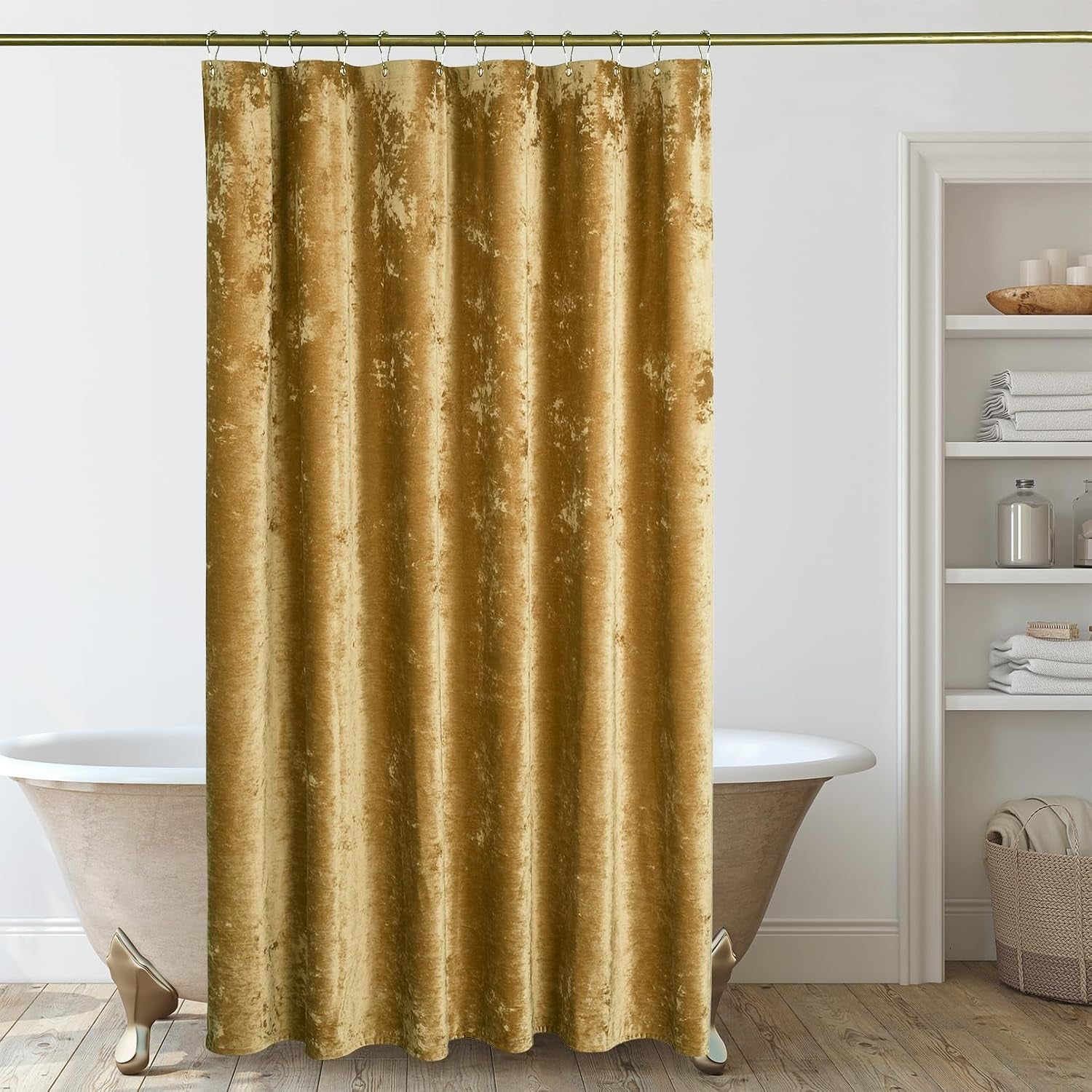 Mustard Gold Shower Curtain for Bathroom, Crushed Velvet Dark Mustard Yellow Shower Curtain, 72 X 72 Inches
