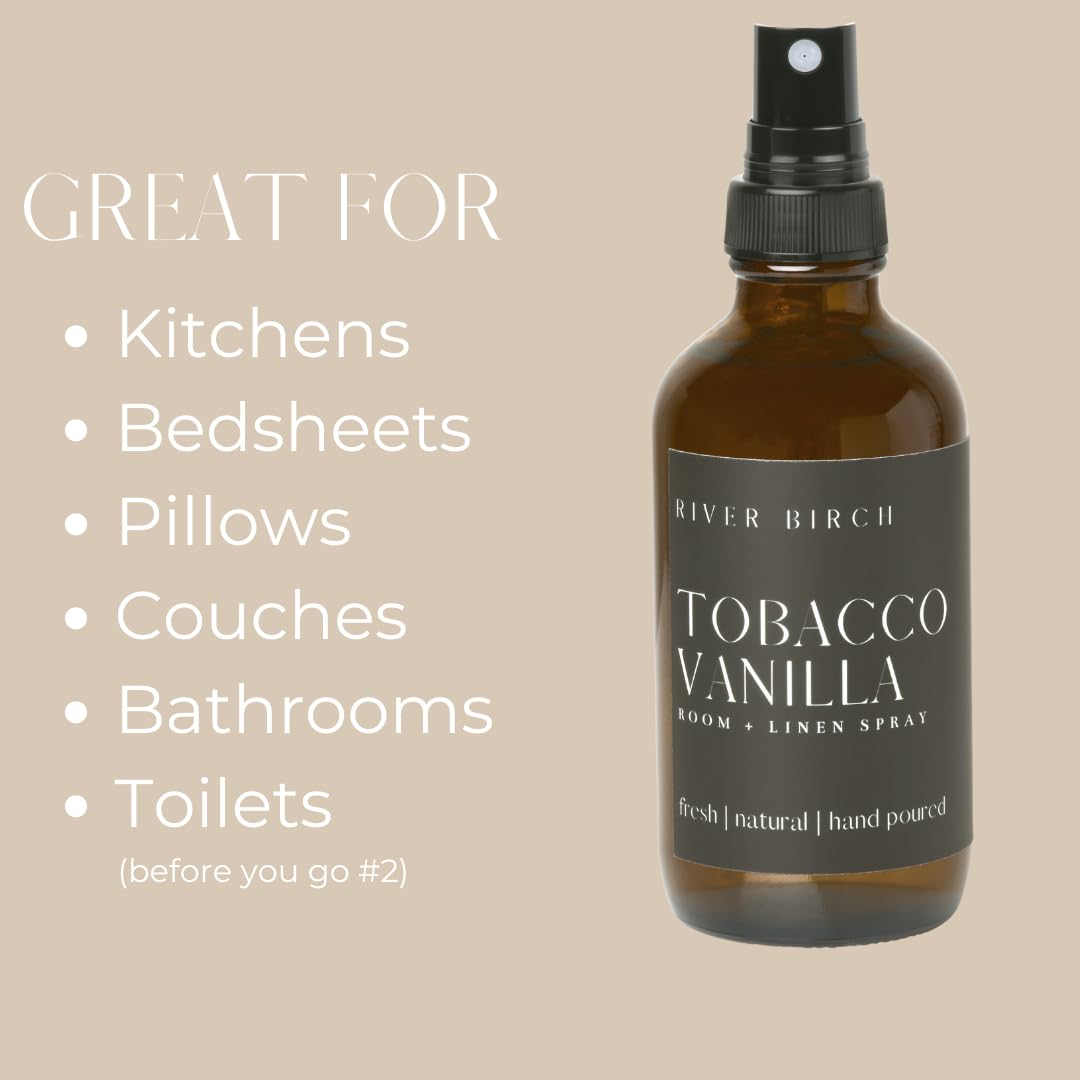 Luxury Linen and Room Spray - Tobacco Vanilla Home Signature Scent - Room Fragrance Spray - Fragrant Fresh Linen Air Freshener for Bedding - Handmade in Texas - 4 Oz Glass Amber Bottle