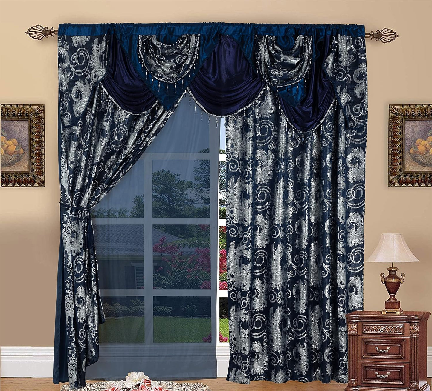 Jacquard Luxury Window 2 Panel Set Navy Curtain with Attached Valance and Backing, 55X84 Inches 