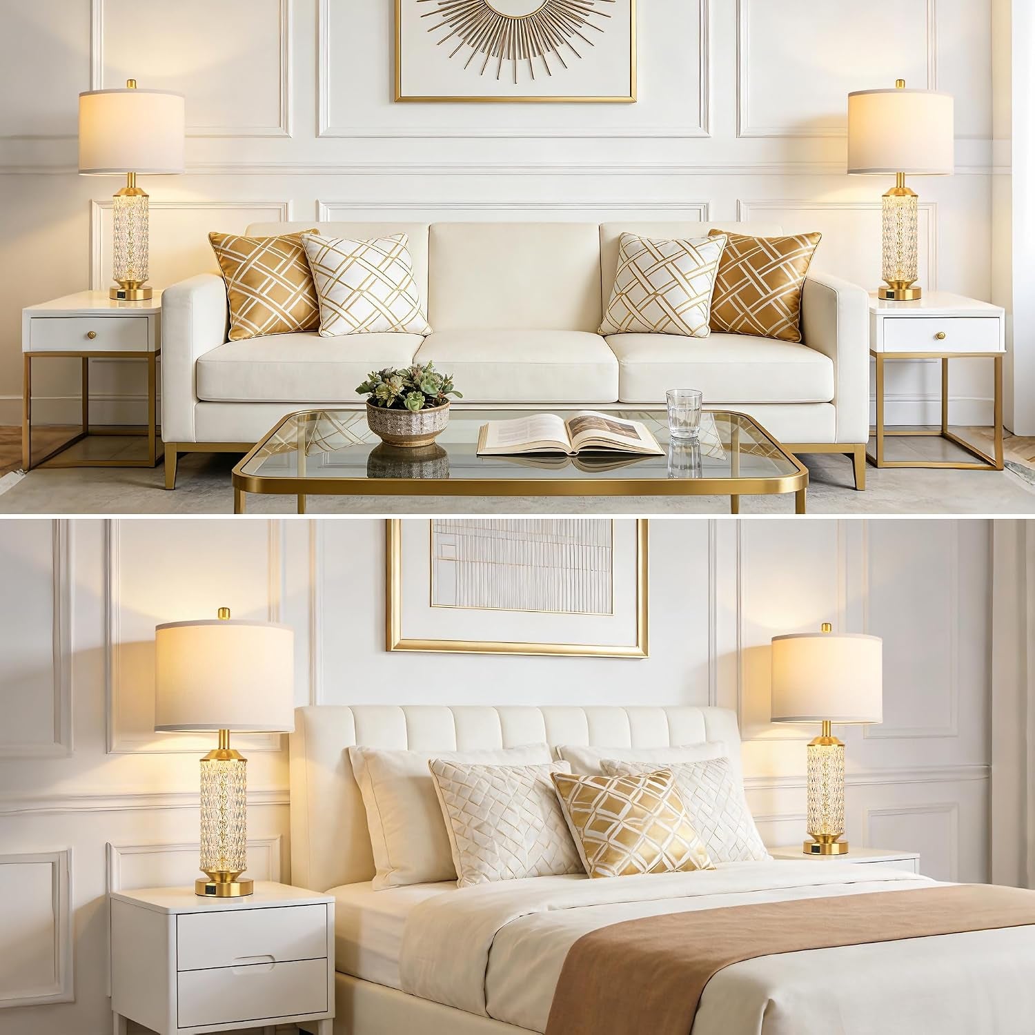 Glass Table Lamps Set of 2, Modern Gold Lamps, Two 2700K LED Bulbs, High-Transparency Glass Body