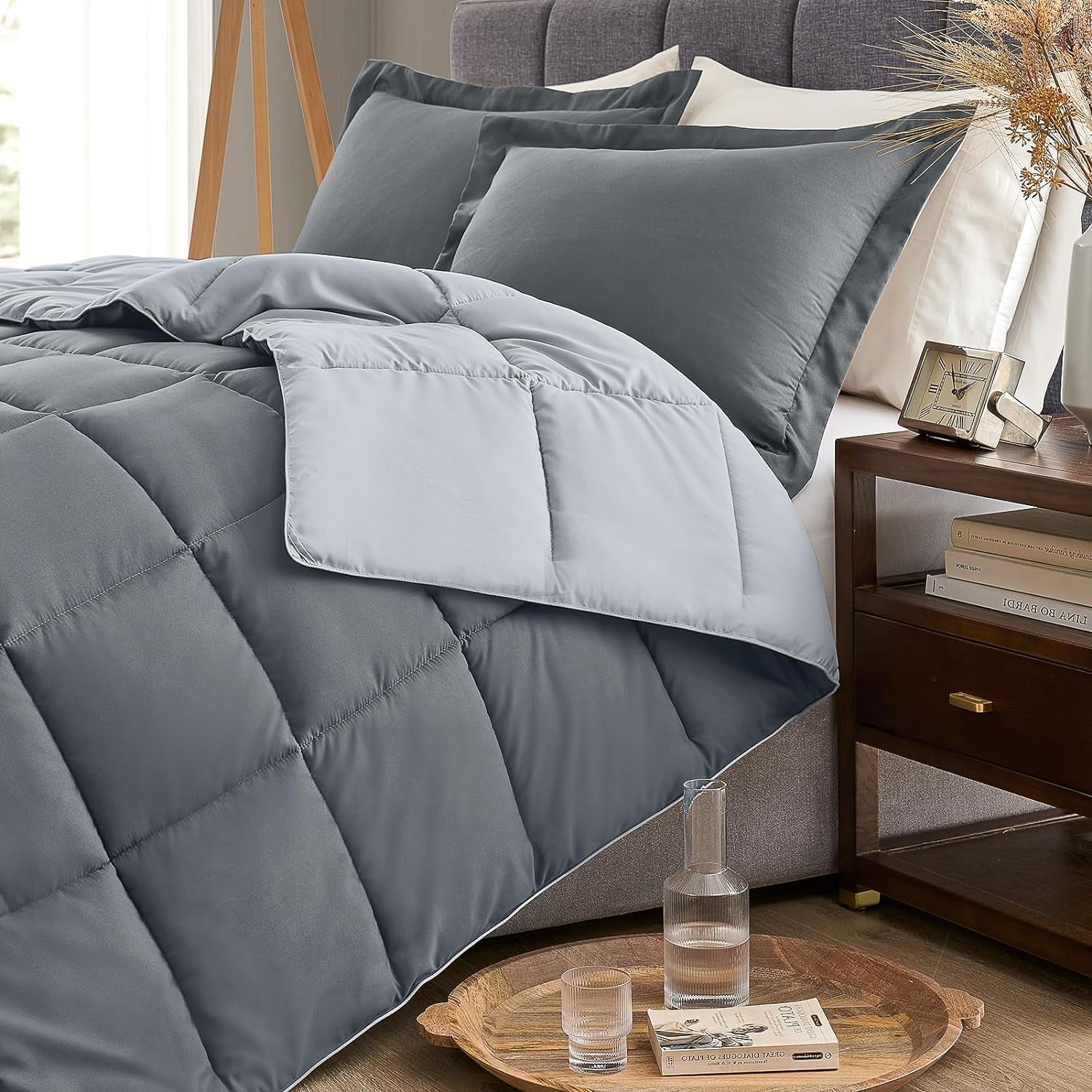 California King Comforter Set, Lightweight Reversible Dark Grey/Light Gray