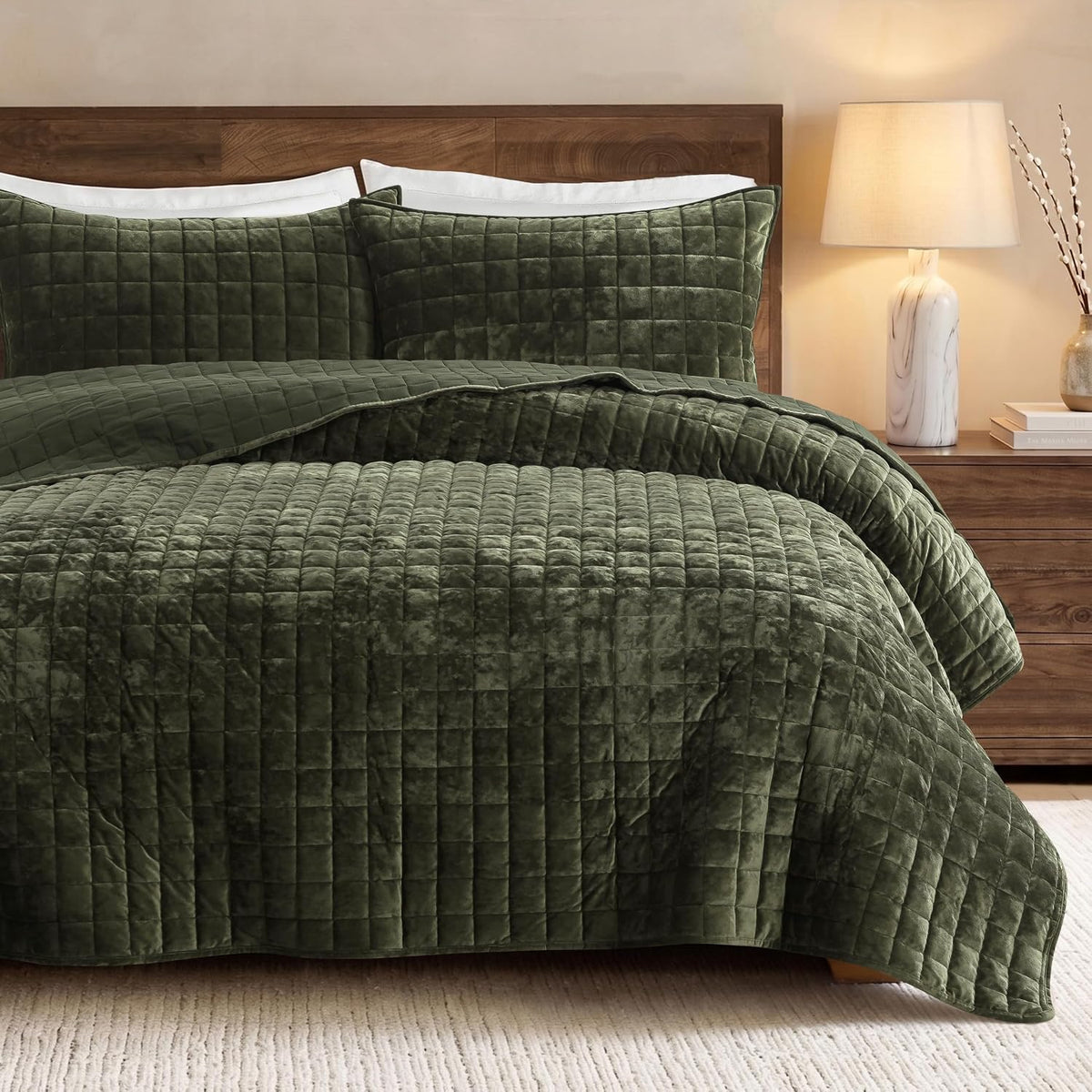 Channel Box Stitch Velvet Quilt Bedding Set, Queen, Olive Green