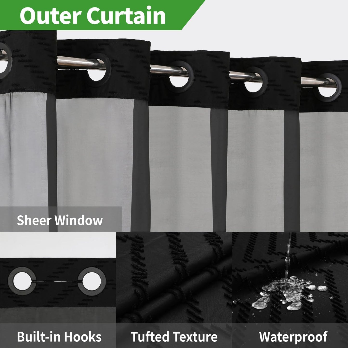 No Hook Tufted Chevron Striped Shower Curtain with Snap-In Fabric Liner Set-71Wx74H(72H), Black 