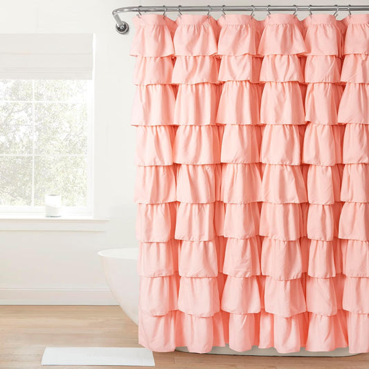 Ruffle Shower Curtain, Floral Textured Vintage Chic Farmhouse Style Design, Blush, 72" X 72"