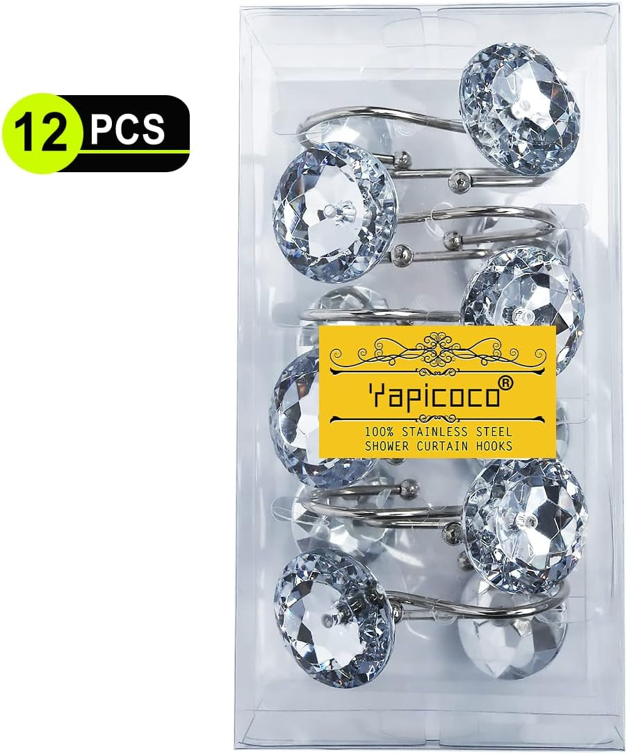 12PCS Shower Curtain Hooks Rings for Bathroom, Stainless Steel Rust Resistant Decorative Rhinestones 