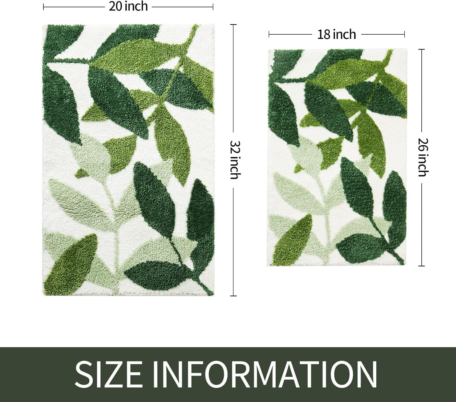 Green Bathroom Rug Set 2 Piece, Non-Slip Strong Water Absorbent (18"X26"+20"X32")