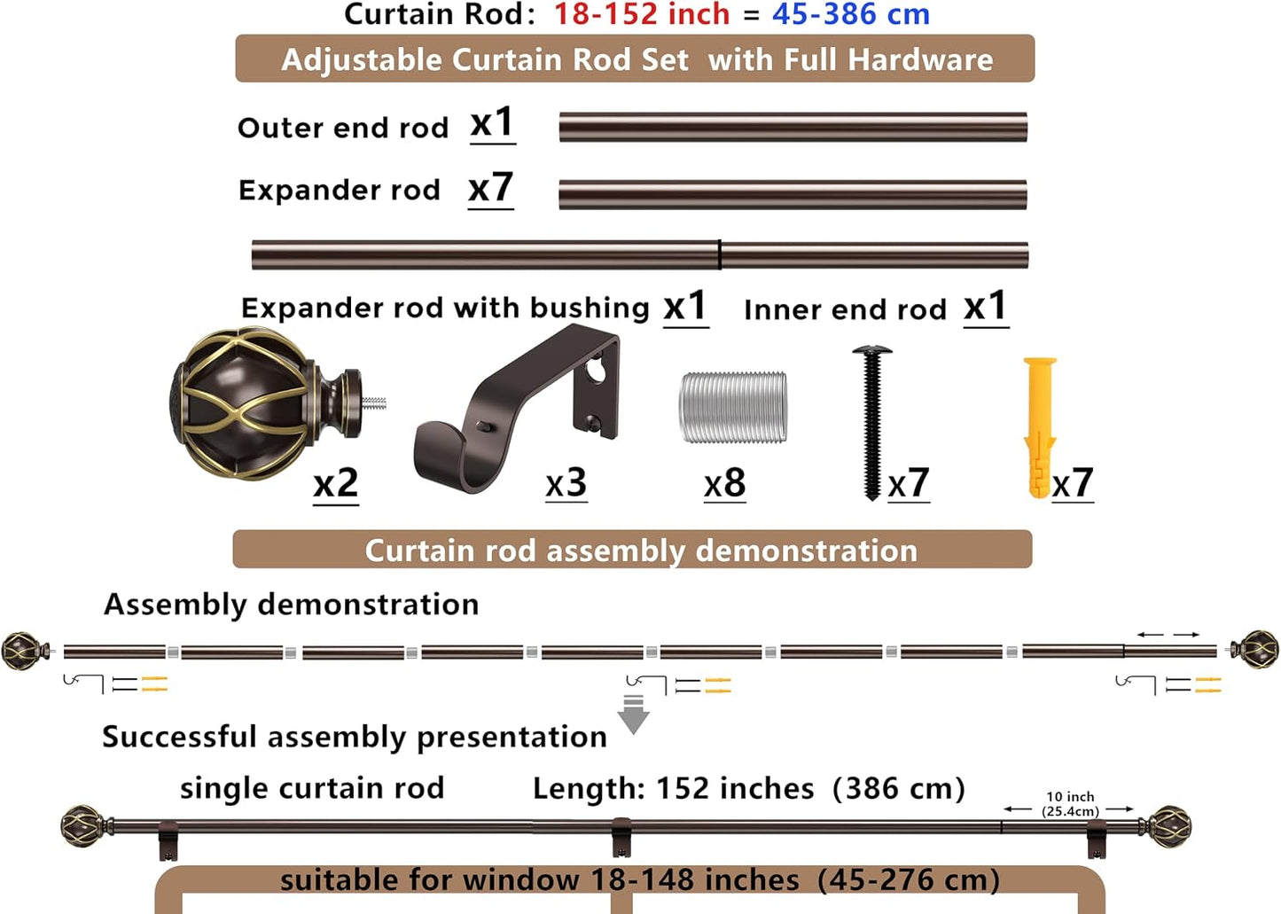 Curtain Rods 18-152 Inch, for Window 144 Inch, Adjustable Length Heavy Duty Diameter 7/8 Inch, Decorative Finials, Bronze