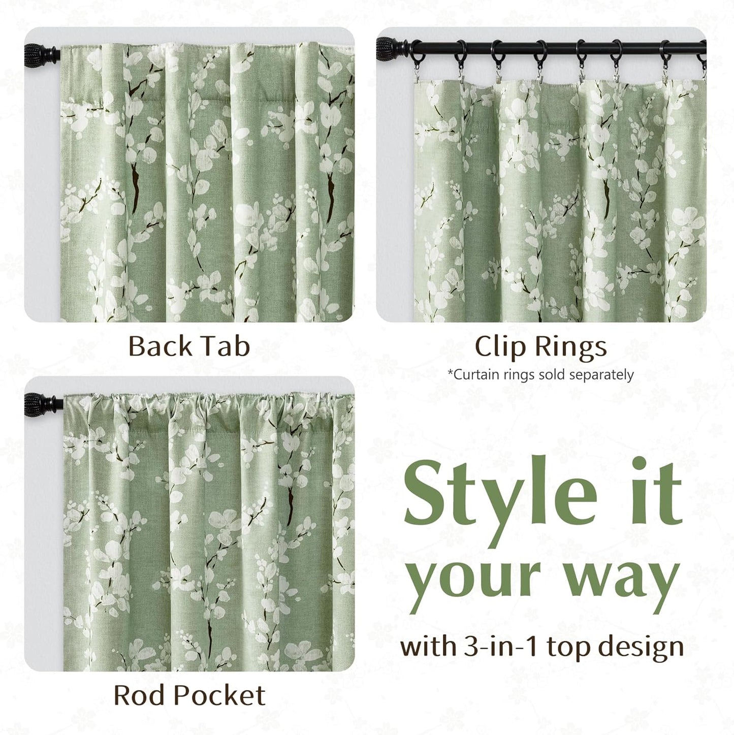 100% Blackout Floral Curtains for Bedroom, Sage Green Curtains 63 Inch Length Blossom Patterned for Living Room, Thermal Insulated Farmhouse Drapes, Rod Pocket 2 Panels (White on Green)