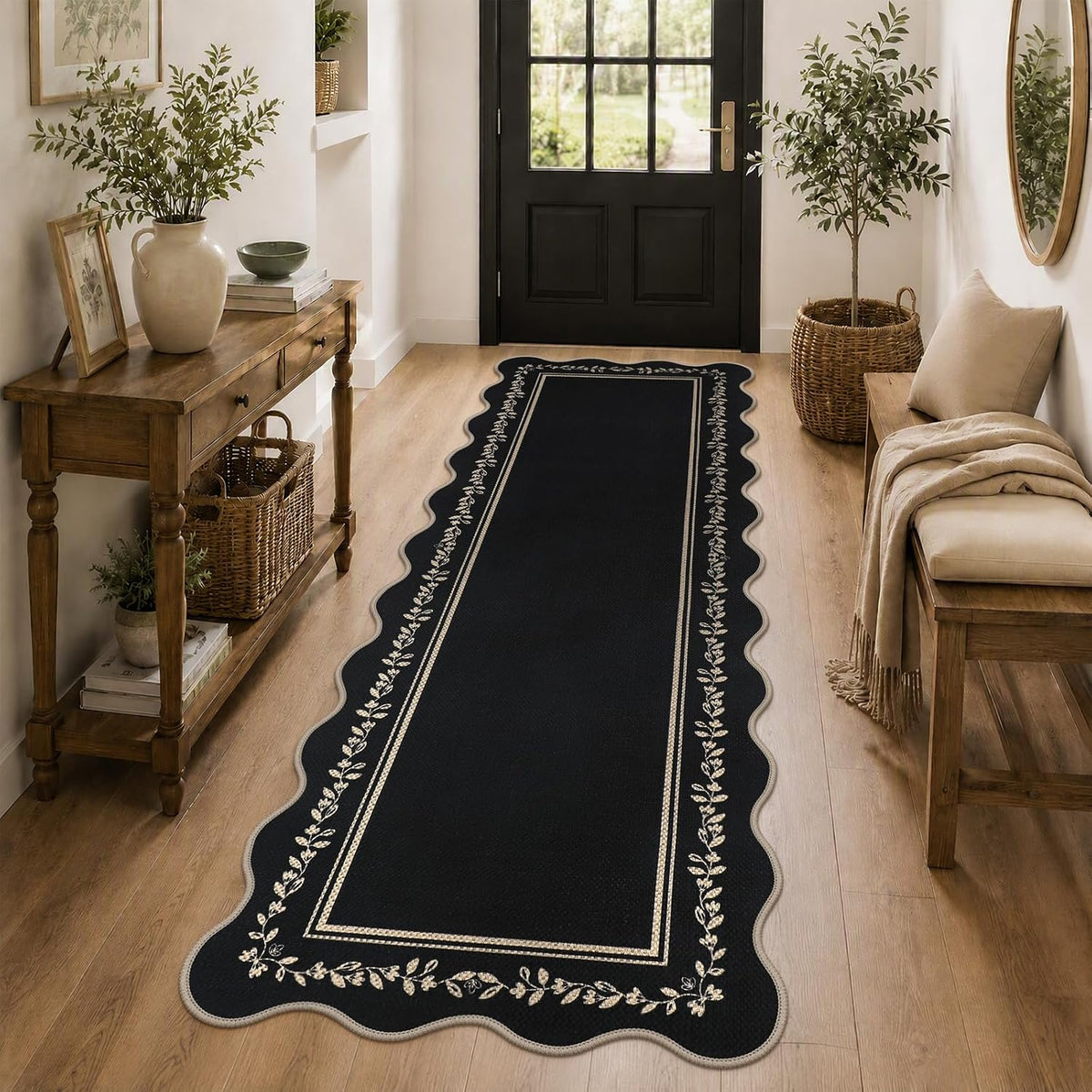 Scalloped Easy Jute Kitchen Runner Rug 2X6 Black Hallway Rugs