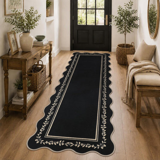 Scalloped Easy Jute Kitchen Runner Rug 2X6 Black Hallway Rugs