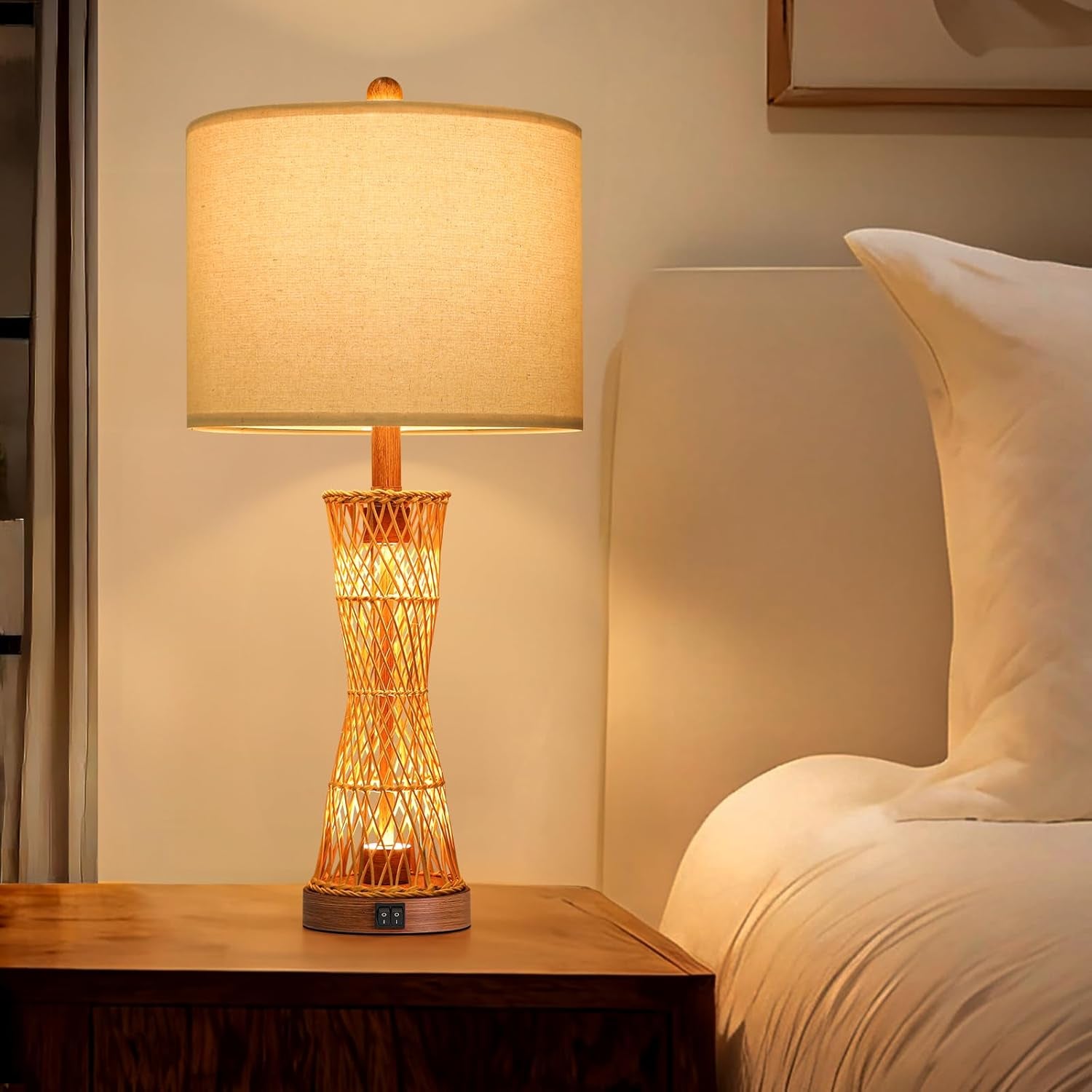 27" Table Lamps Set of 2 with Rattan & Dual Lights, Boho Lamps for Nightstands, Bedside Lamps for Bedroom, Nightstand Lamp for Living Room, Farmhouse Table Lamp for Office & Study
