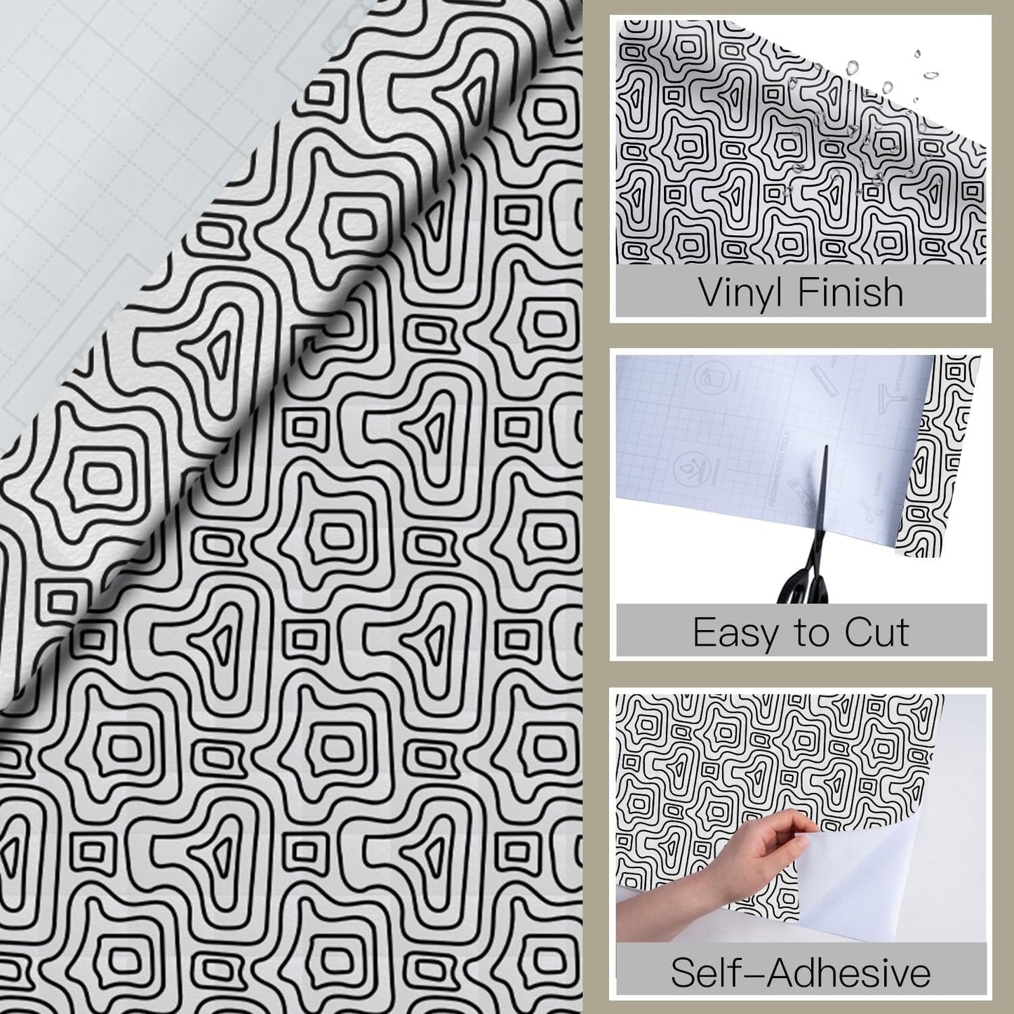 Modern Peel and Stick Wallpaper, Abstract Geometric Contour Line Pattern, 17.7 in X 6.56 Ft