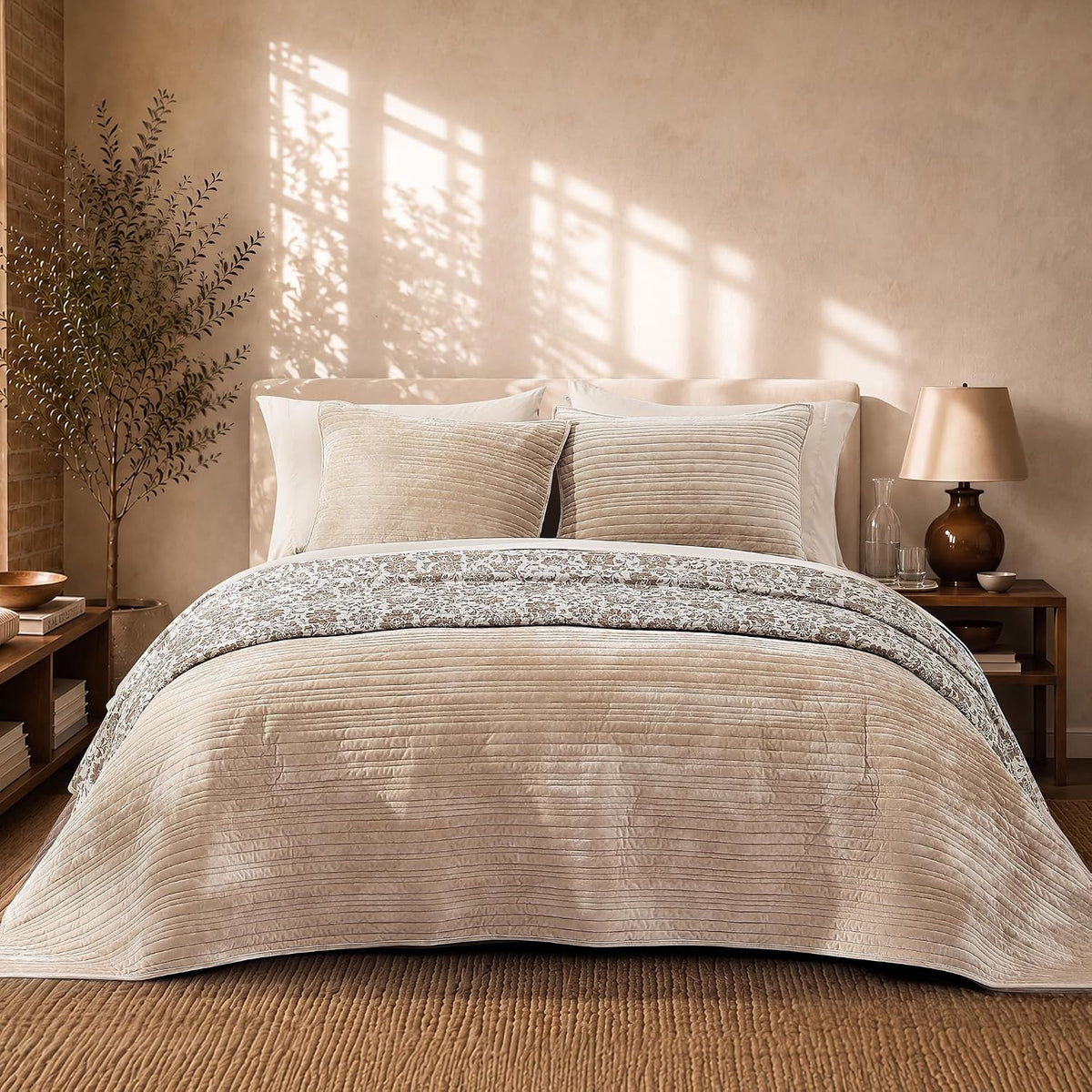 Taupe Velvet Quilt King Size - Reversible King Quilt Bedding Set