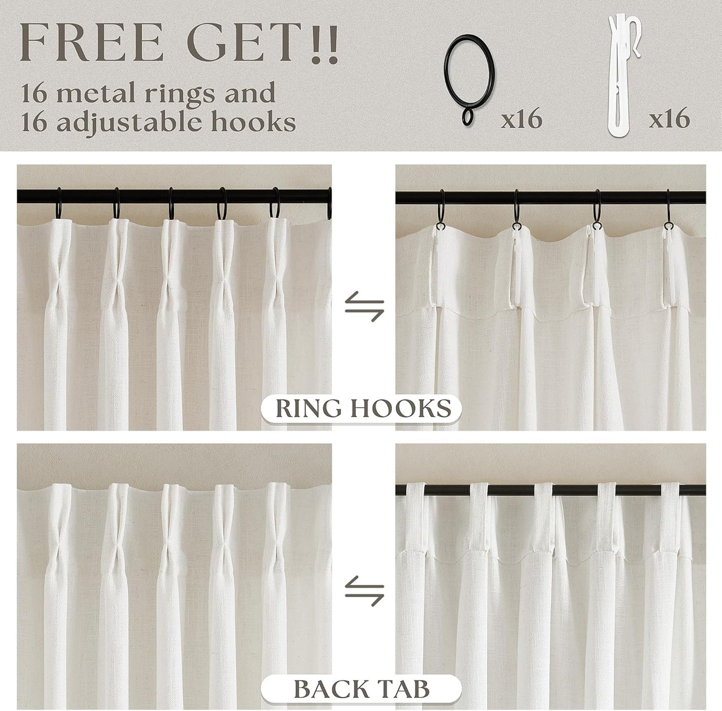 90 Inch Pinch Pleated Linen Curtains 2 Panel Set, Cream Natural Thick Linen Textured Drapes, Ivory Semi Sheer Curtain