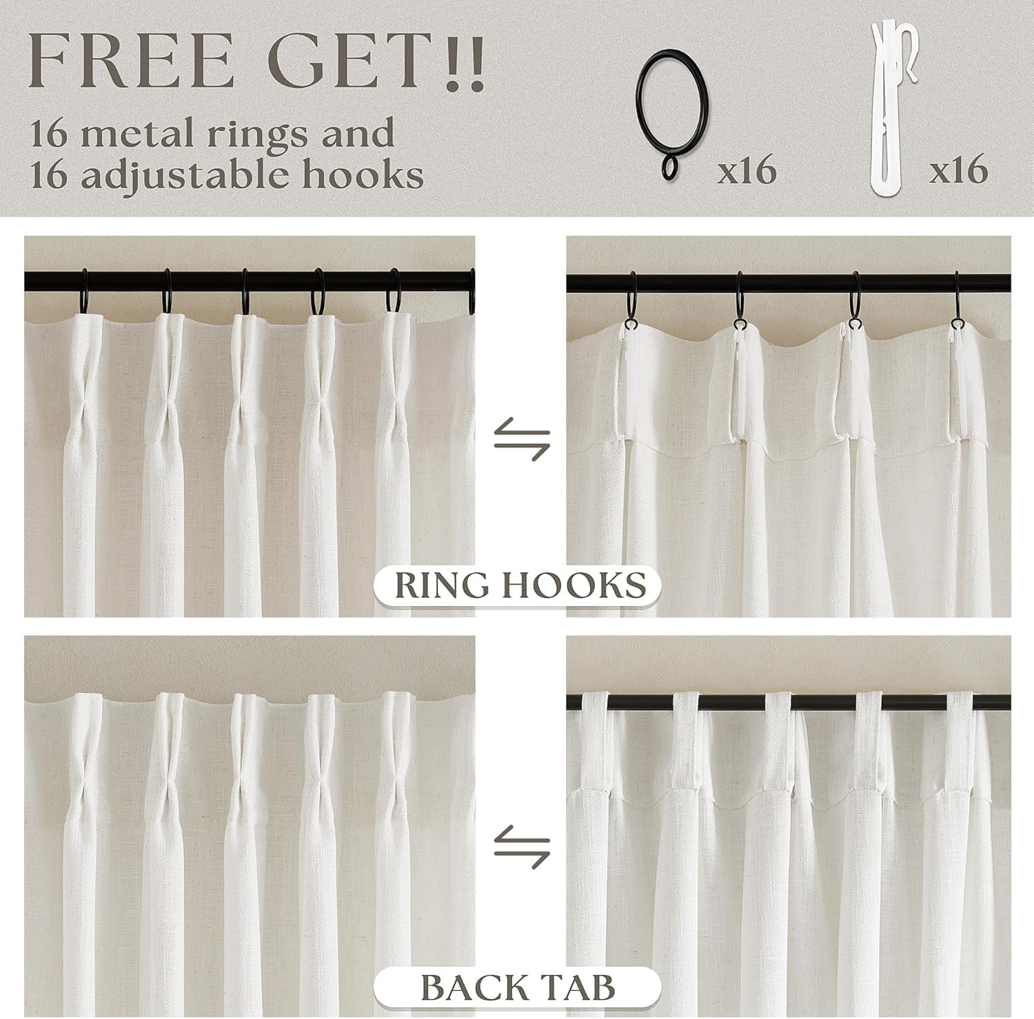 90 Inch Pinch Pleated Linen Curtains 2 Panel Set, Cream Natural Thick Linen Textured Drapes, Ivory Semi Sheer Curtain
