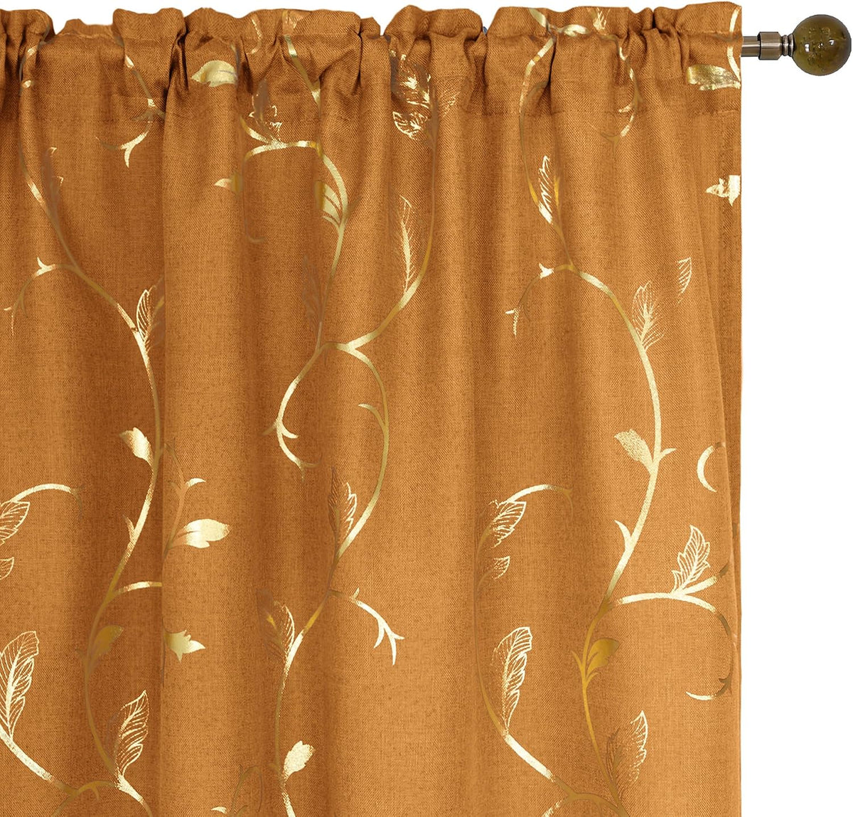 Semi Sheer Curtain 2 Panels Gold Vine Foil Print Floral Textured Linen Blended Voile Window Curtains Light Filtering Sheers Window Treatment Rod Pocket, 52 X 72 Inch, Burnt Orange