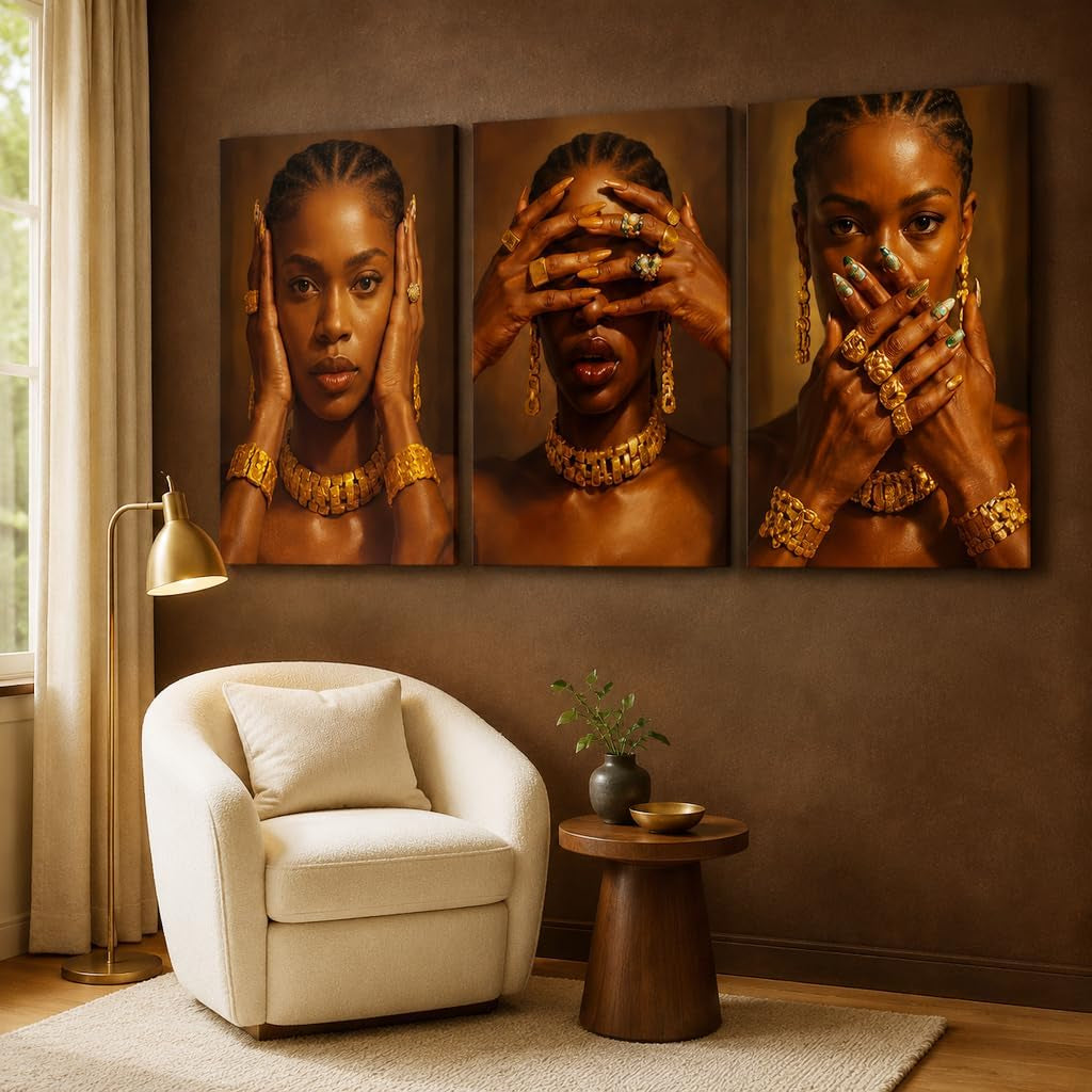 Set of 3 Framed Canvas Wall Art African Woman Portrait Wall Decor Modern Brown Gold Artwork Prints Luxury Fashion Poster Pictures for Living Room Bedroom Office Home Decoration 12X16 Inch