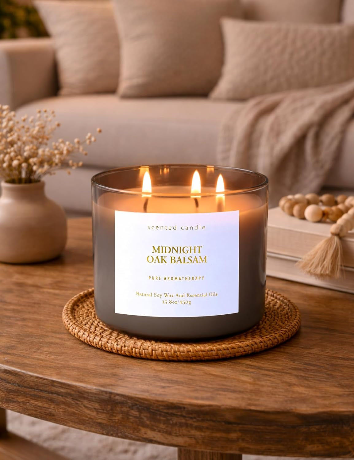 Midnight Oak Balsam 3-Wick Scented Candle, Large Woodsy Soy Candle 15.8 Oz