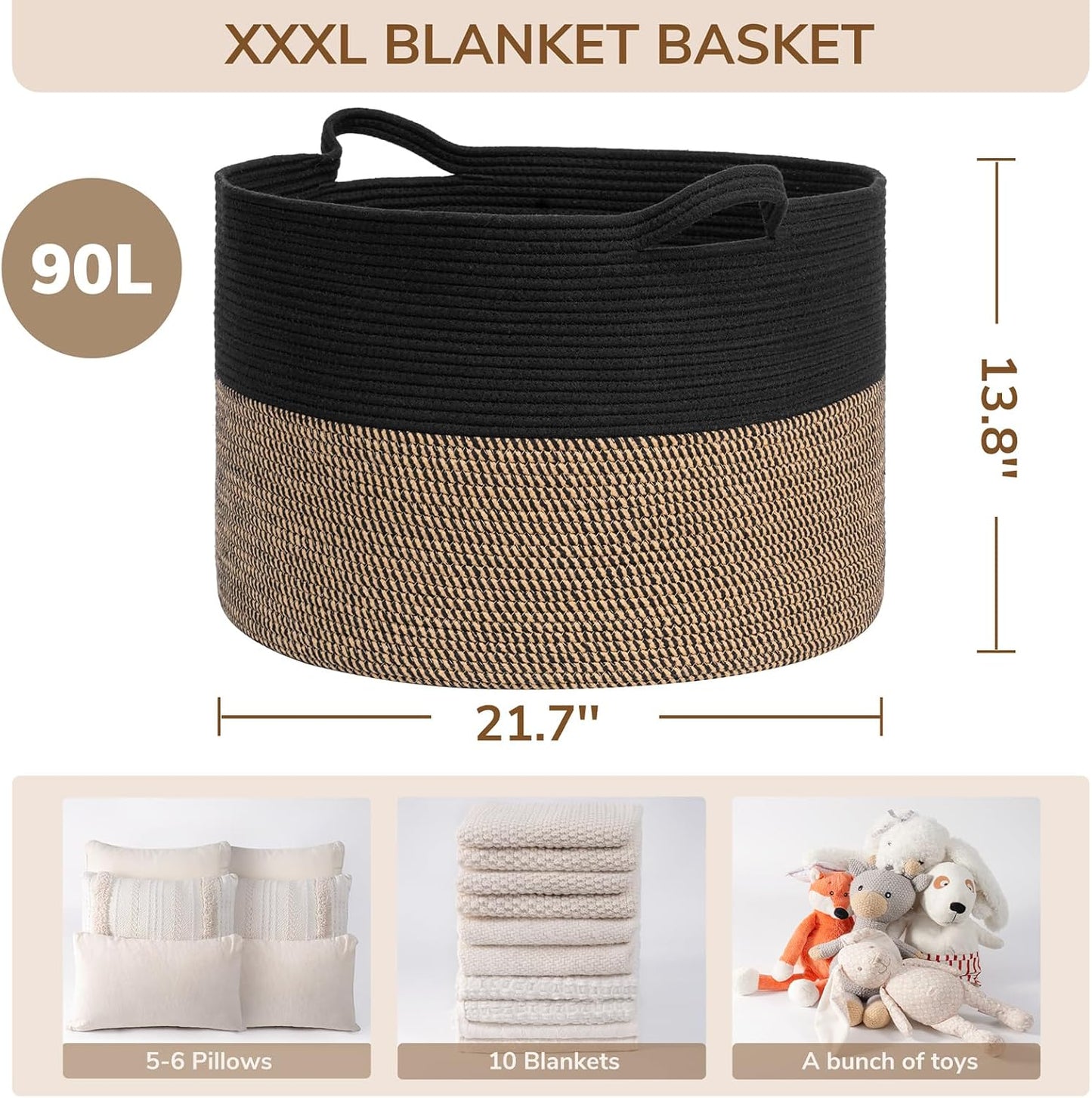 Woven Rope Blanket Basket Living Room Mix Black, Xxx large 90L