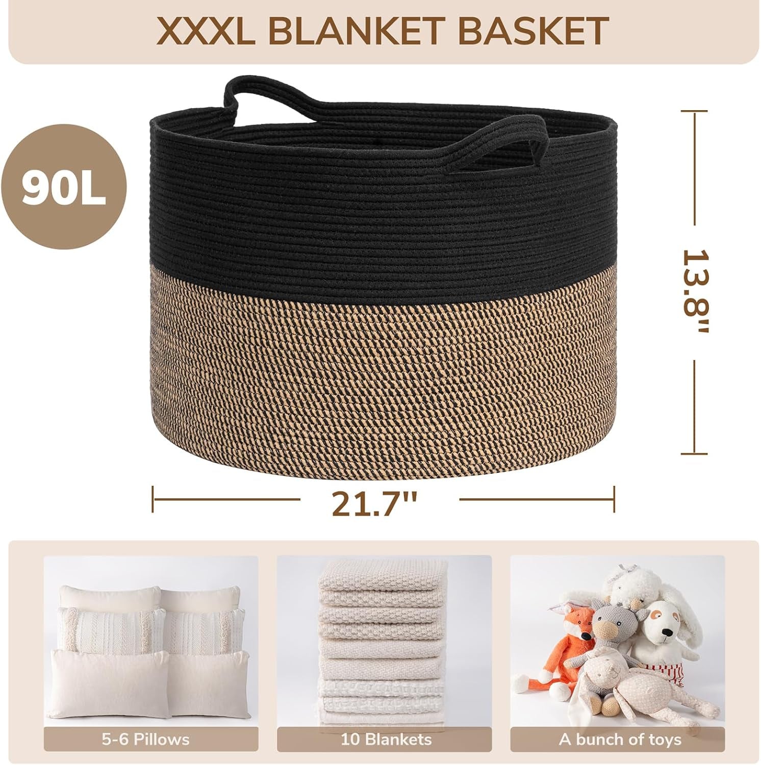 Woven Rope Blanket Basket Living Room Mix Black, Xxx large 90L