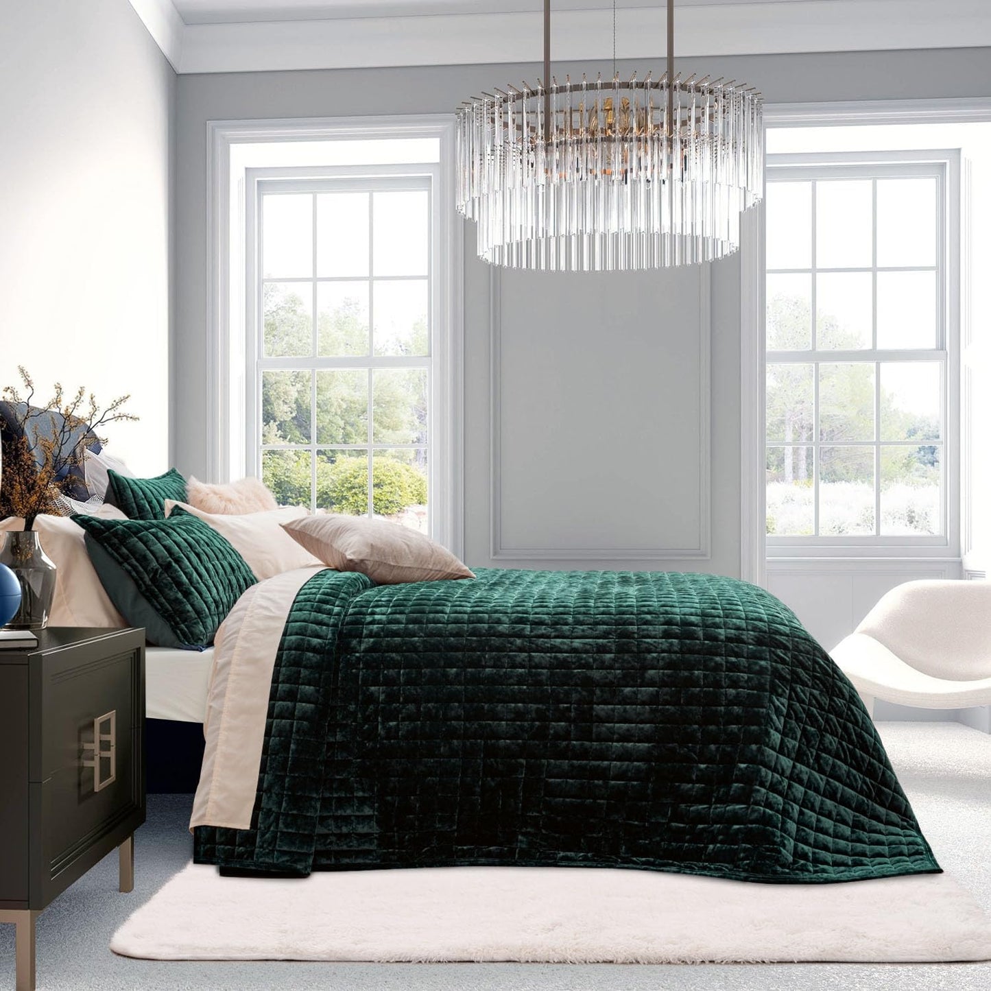 Channel Box Stitch Velvet Quilt Set, Full Queen Size, Emerald Green