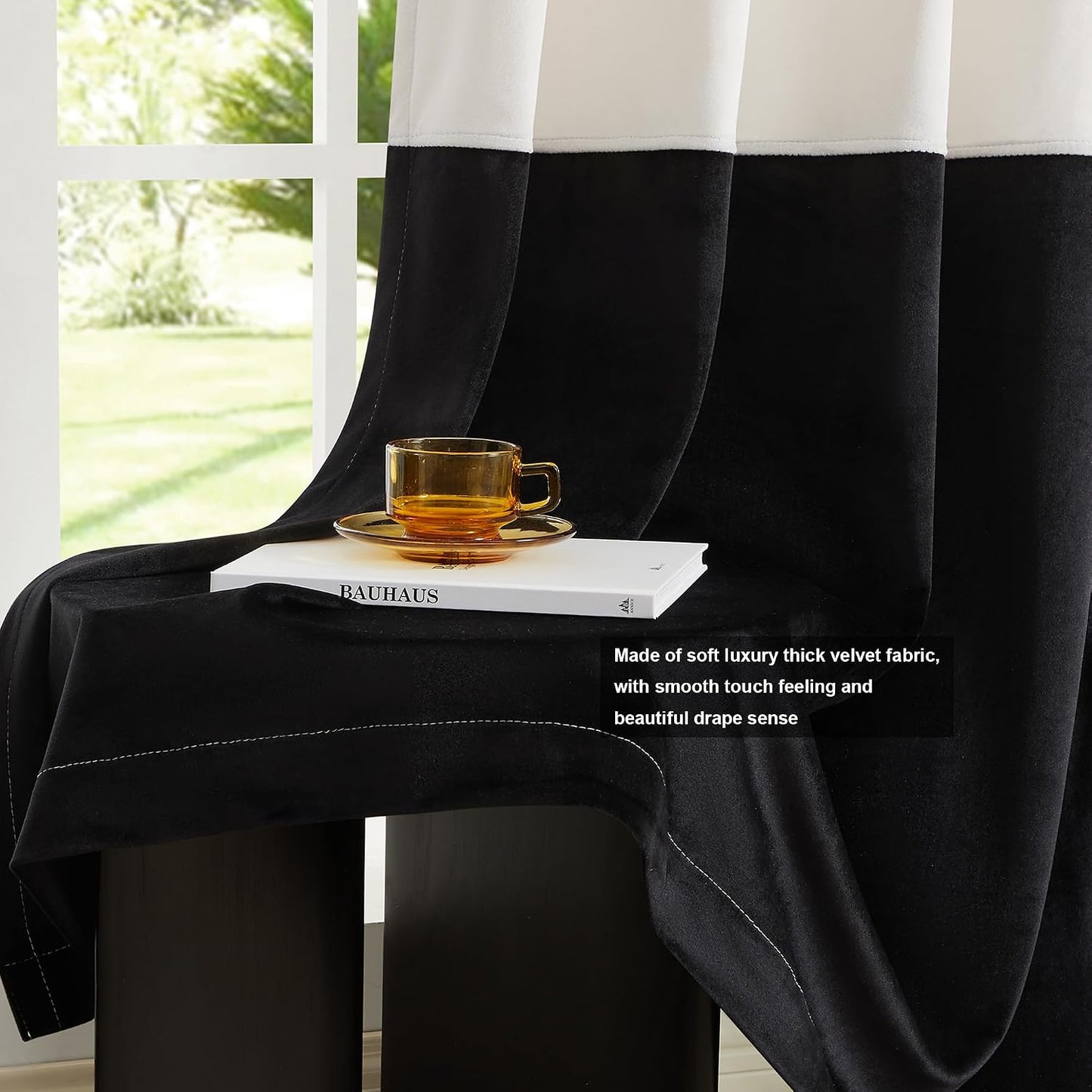 Modern Cream White Black Decorative Velvet Curtains 84 Inches 2 Panels