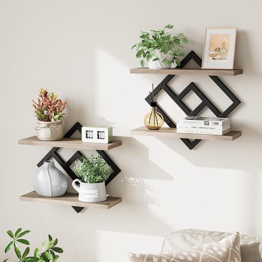 Floating Shelves for Wall, Set of 2 Hanging Shelves, 2-Tier Wall Mounted Storage Shelves for Books & Decor, Greige