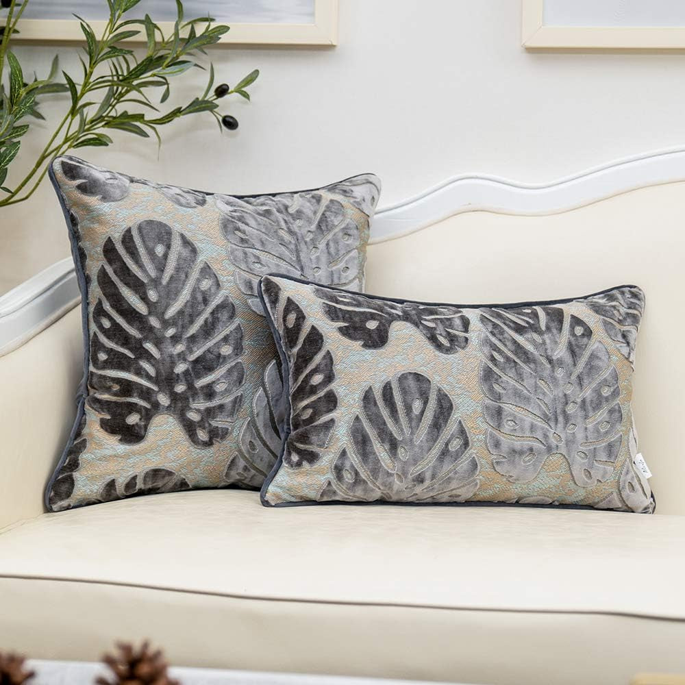 12 X 20 Inch Rectangle Leaf Pillow Embroidery Cut Velvet Cushion Case Luxury Modern Lumbar Throw Pillow Cover Decorative Pillow for Couch Sofa Living Room Bedroom Car, Gray Silver