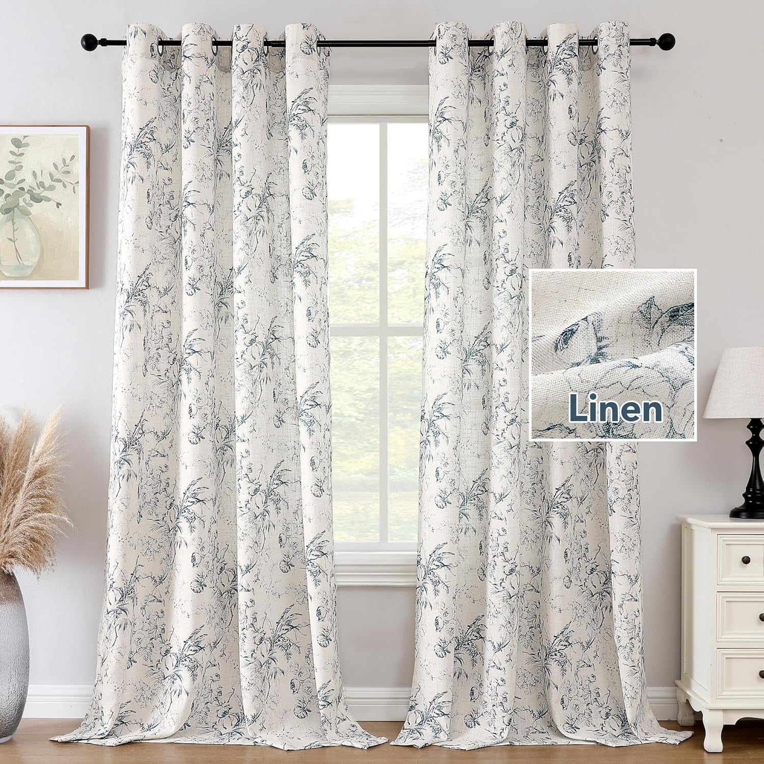 Linen Fabric Curtains for Living Room 96 Inches Long, Rich Semi Sheer Linen Curtains Floral Print Curtain Grommet, 2 Panels, 52" W X 96" L, Floral in Blue