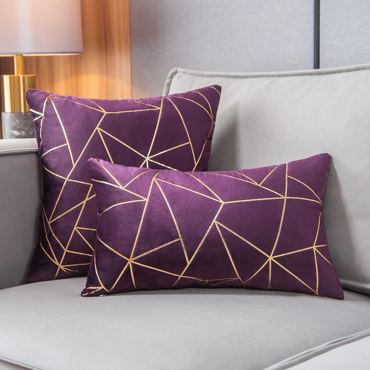 Pack of 2 Soft Velvet Lumbar Throw Pillow Covers Decorative Golden Foil Geometric Pattern Rectangle Cushion Case for Modern Homes Couch Sofa Living Room Car Chair (Shadow Purple, 12“X20”)