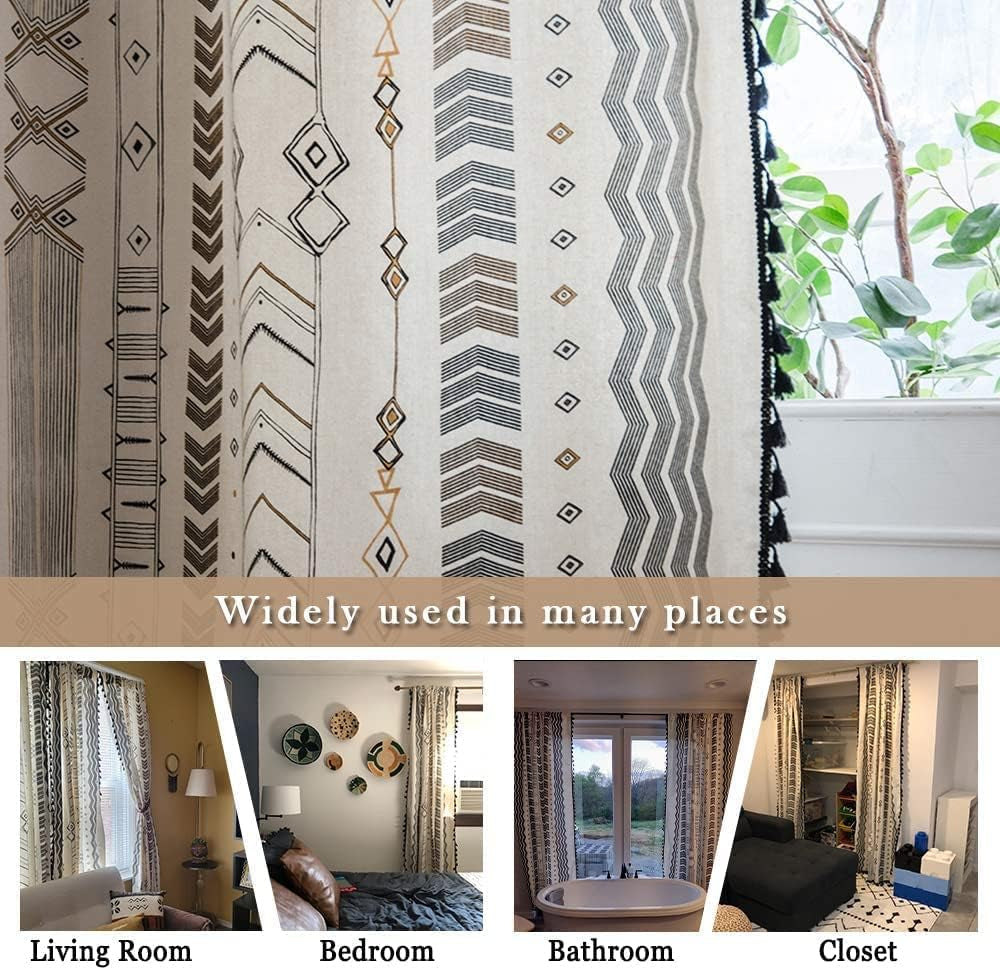 Boho Curtains 2 Panels Aztec Western Semi-Blackout Patterned Rod Pocket Window Treatment Decorative Drapes with Black Tassels for Living Bedroom Closet 63 Inch Length