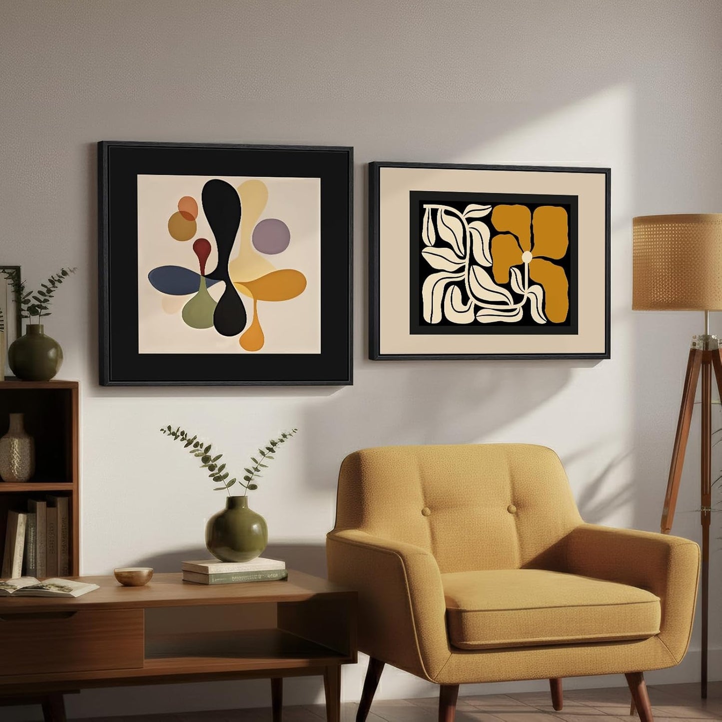 Framed Abstract Neutral Boho Wall Art Set of 2 for Living Room, Mid Century Modern Floral Print Canvas Artwork for Walls, 24X24 & 24X18 Inch