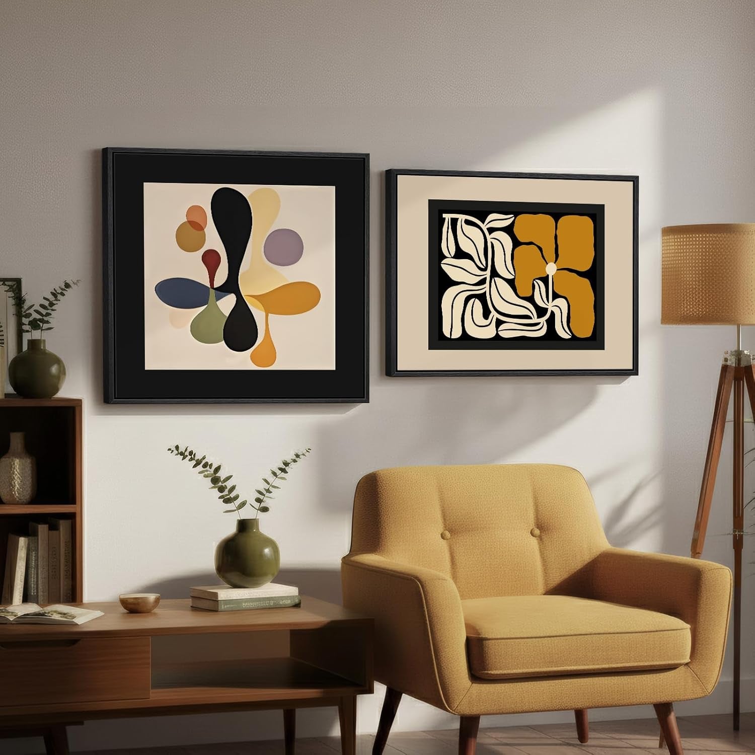 Framed Abstract Neutral Boho Wall Art Set of 2 for Living Room, Mid Century Modern Floral Print Canvas Artwork for Walls, 24X24 & 24X18 Inch